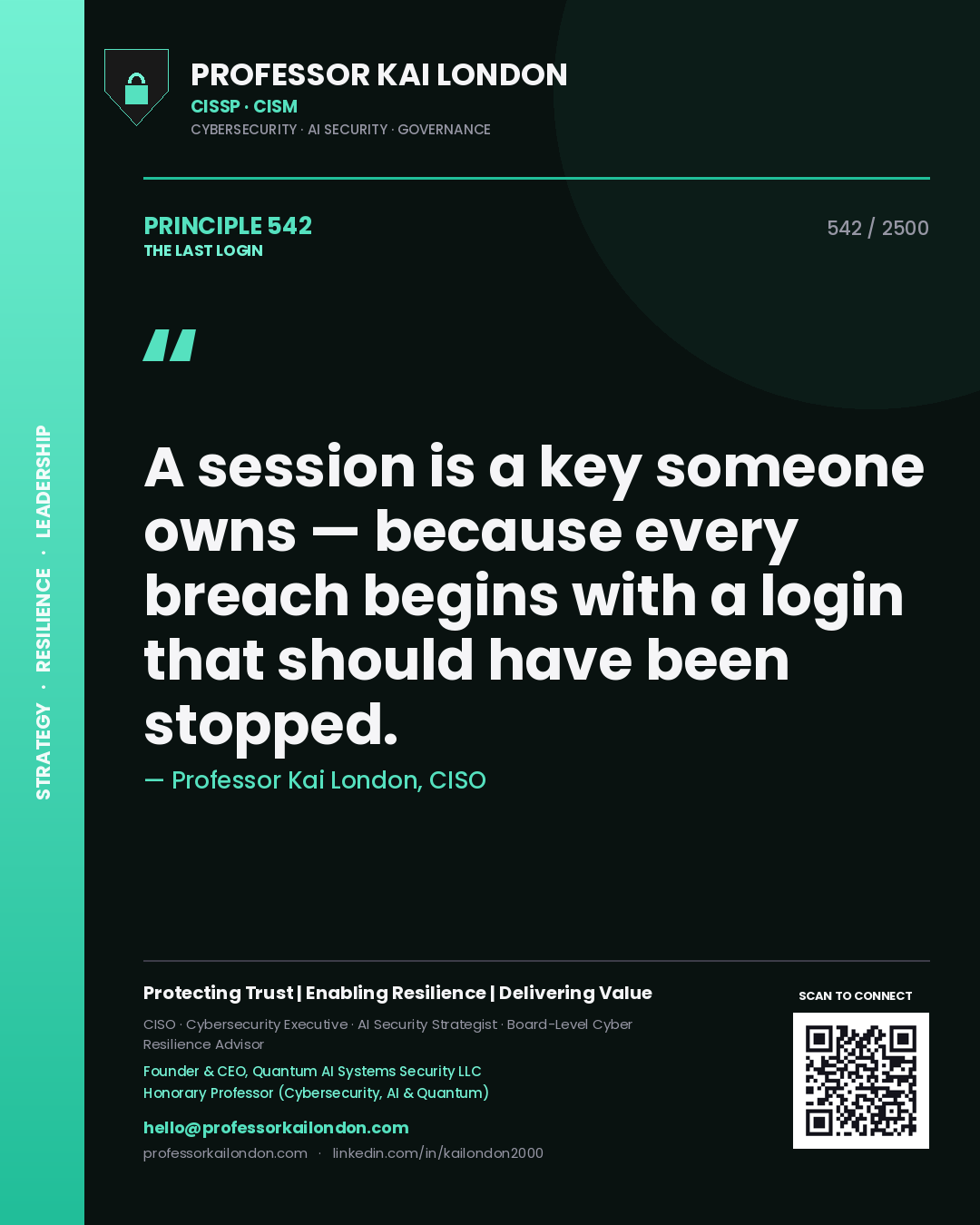 Professor Kai London principle 542: A session is a key someone owns — because every breach begins with a login that should have been stopped.