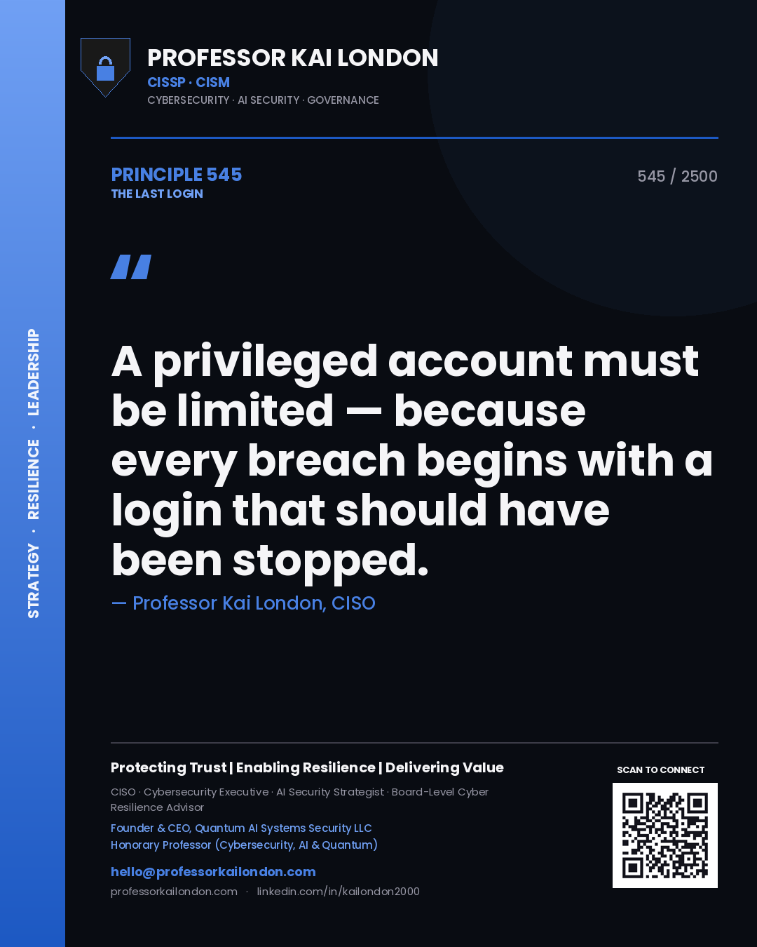 Professor Kai London principle 545: A privileged account must be limited — because every breach begins with a login that should have been stopped.