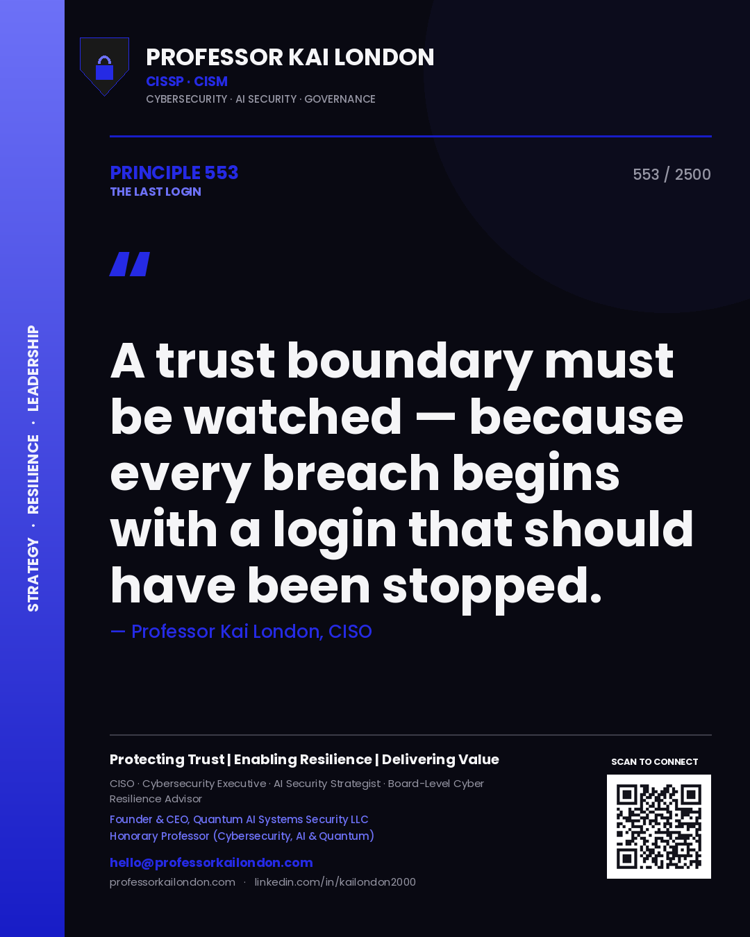 Professor Kai London principle 553: A trust boundary must be watched — because every breach begins with a login that should have been stopped.