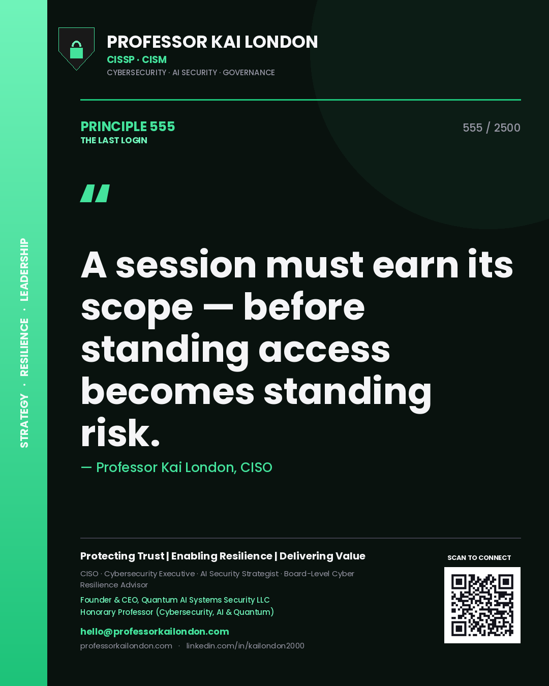 Professor Kai London principle 555: A session must earn its scope — before standing access becomes standing risk.