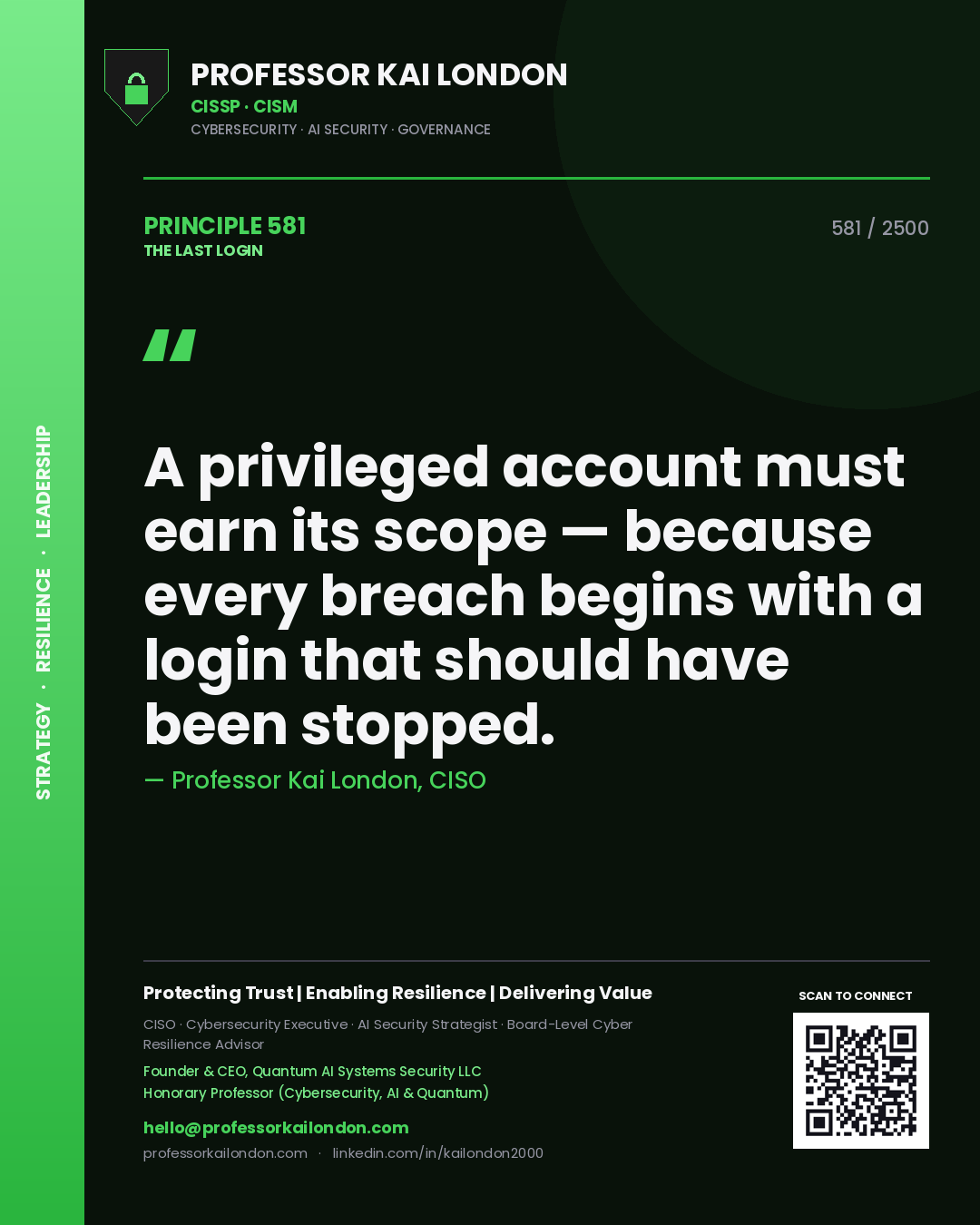 Professor Kai London principle 581: A privileged account must earn its scope — because every breach begins with a login that should have been stopped.