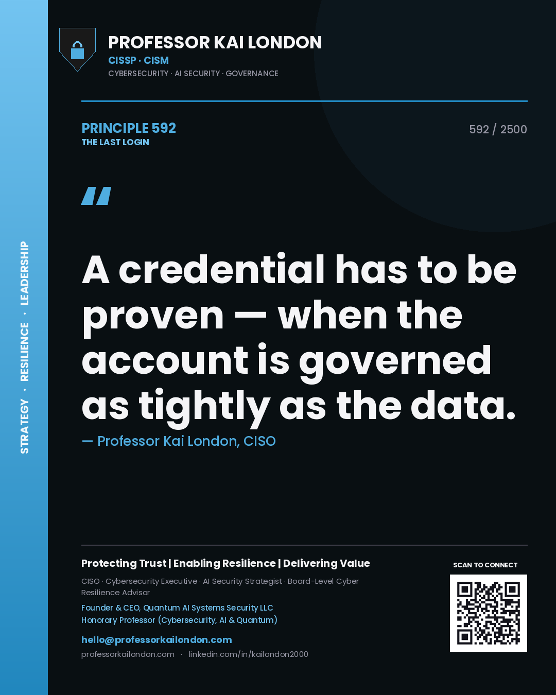 Professor Kai London principle 592: A credential has to be proven — when the account is governed as tightly as the data.