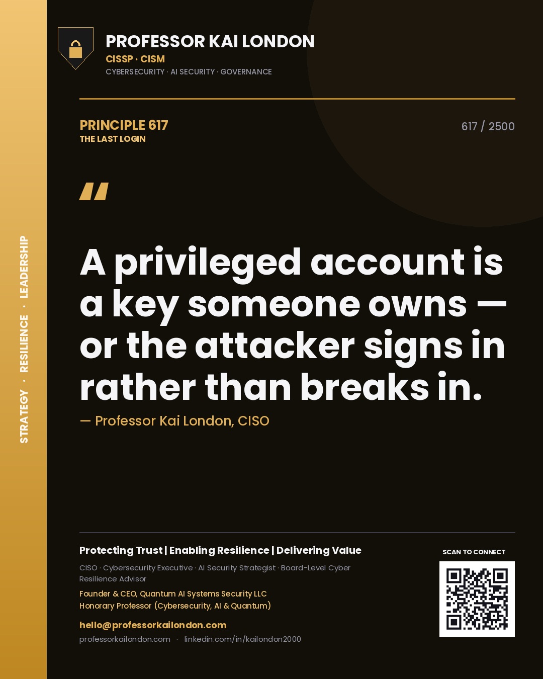 Professor Kai London principle 617: A privileged account is a key someone owns — or the attacker signs in rather than breaks in.