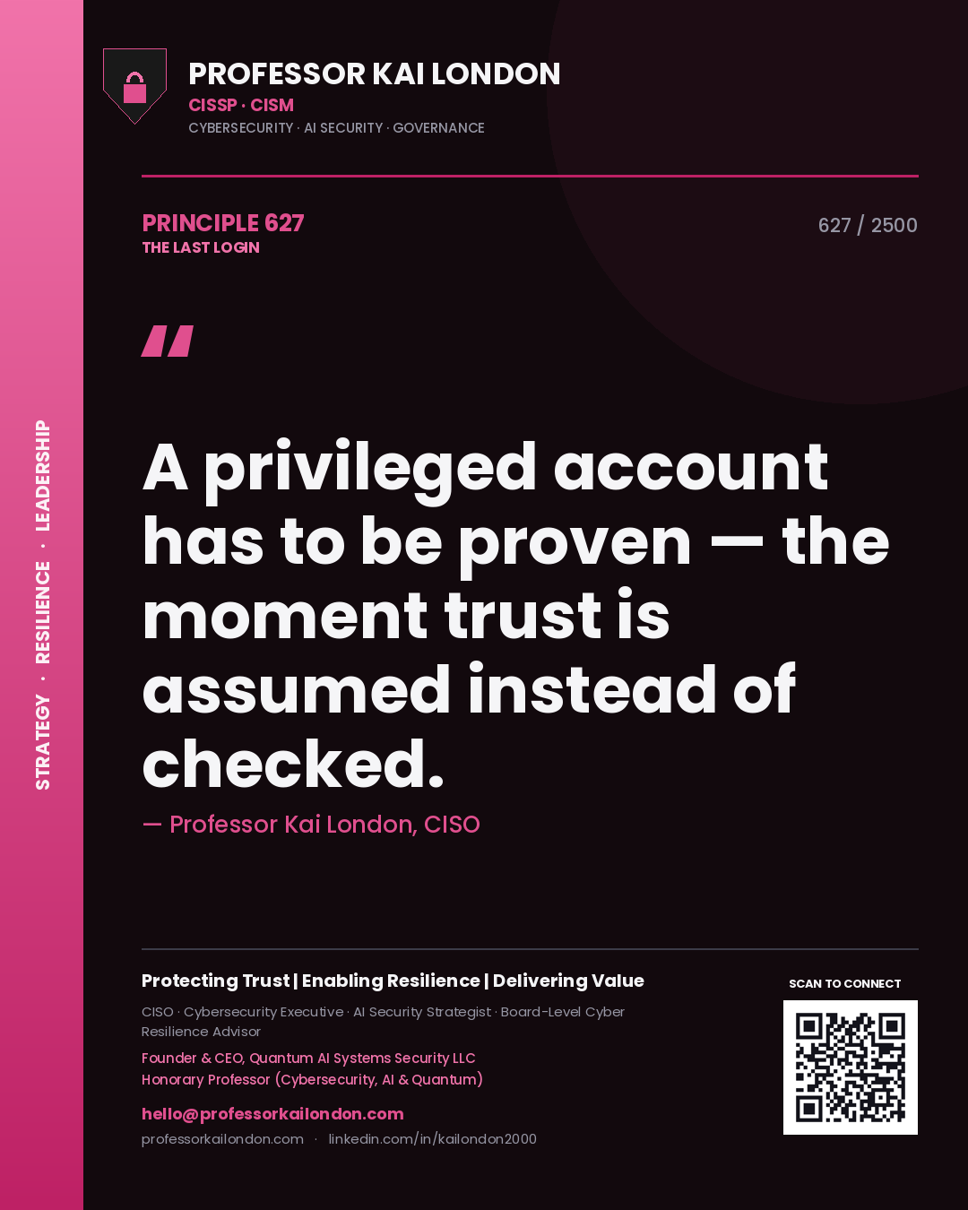 Professor Kai London principle 627: A privileged account has to be proven — the moment trust is assumed instead of checked.