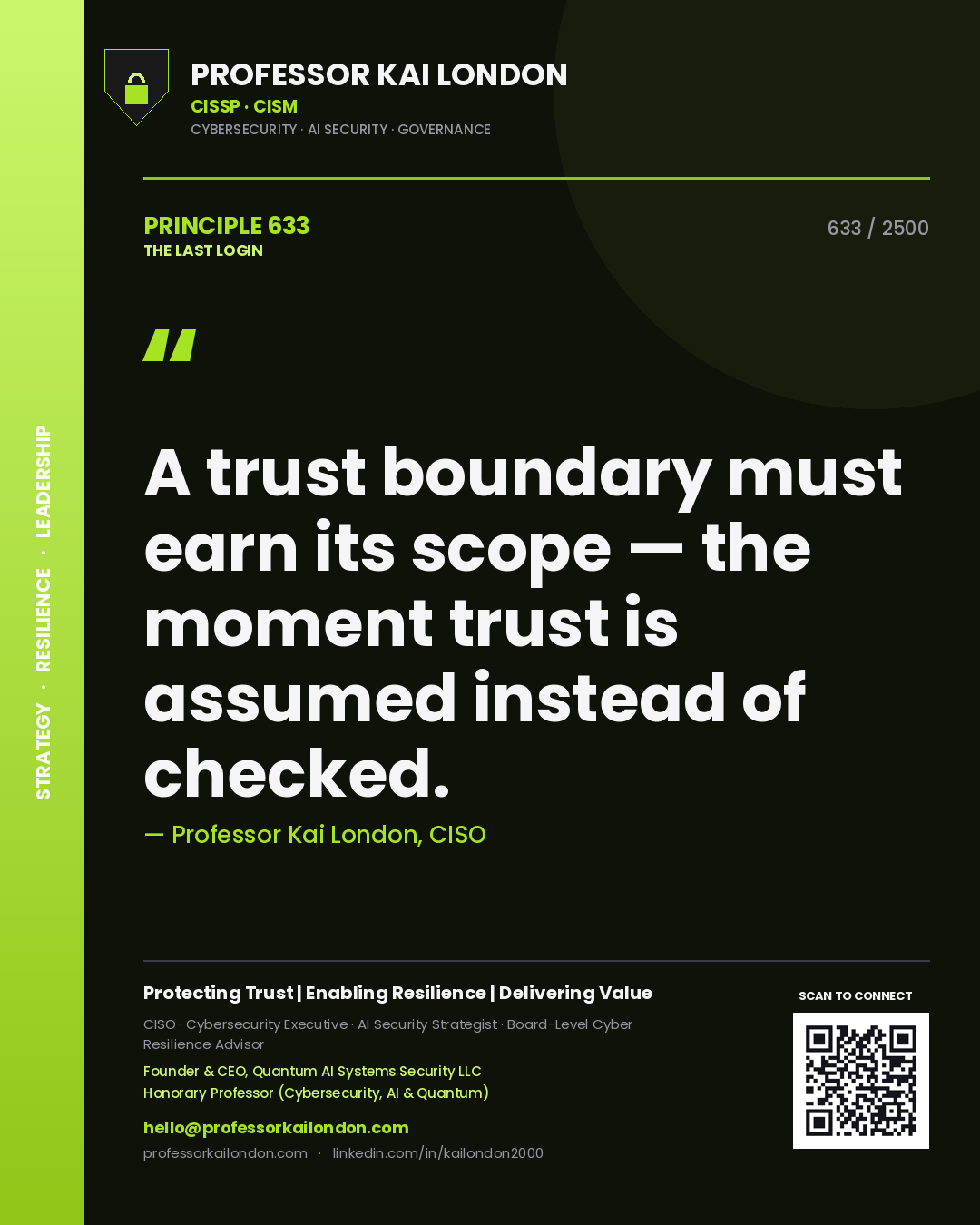 Professor Kai London principle 633: A trust boundary must earn its scope — the moment trust is assumed instead of checked.