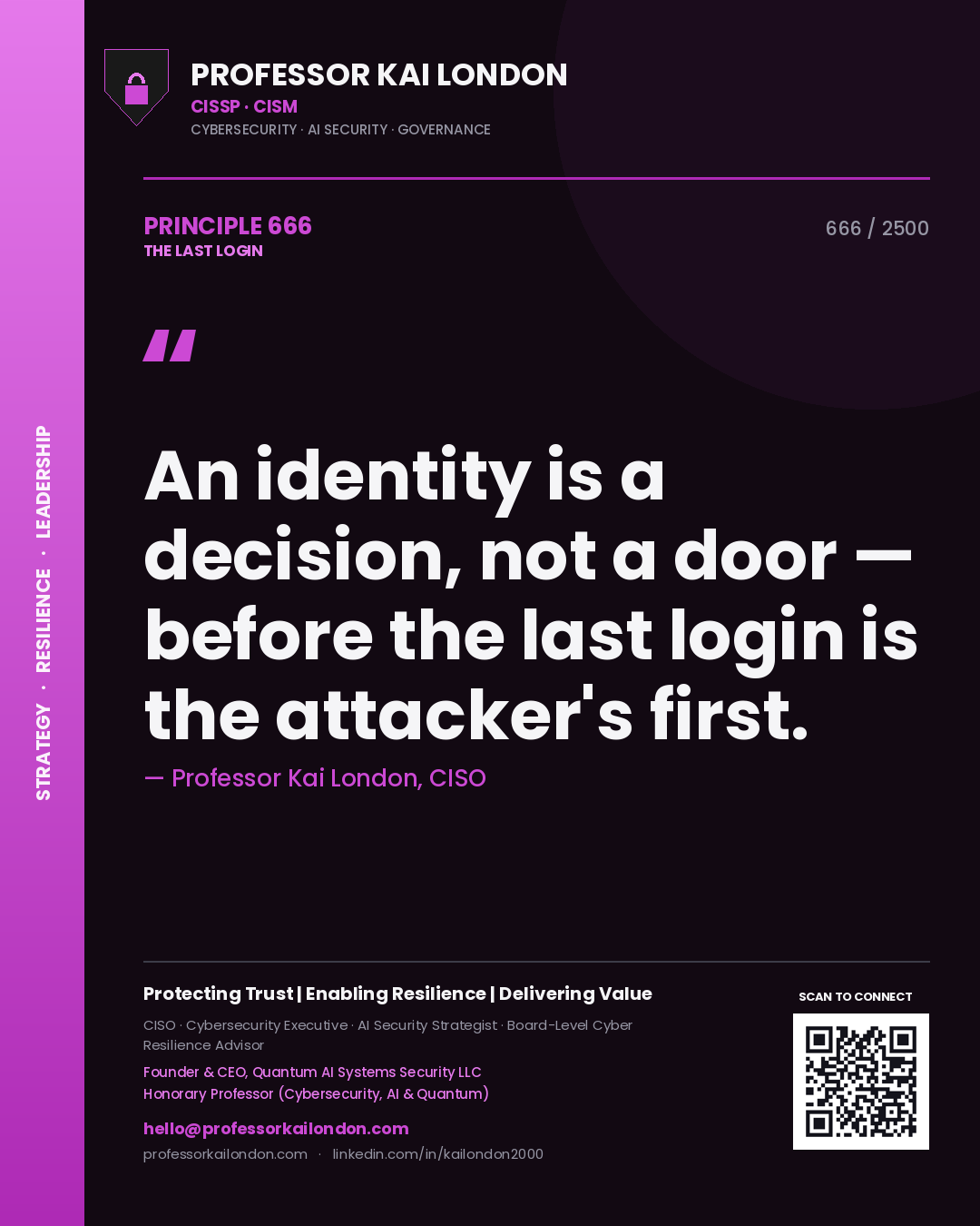 Professor Kai London principle 666: An identity is a decision, not a door — before the last login is the attacker's first.