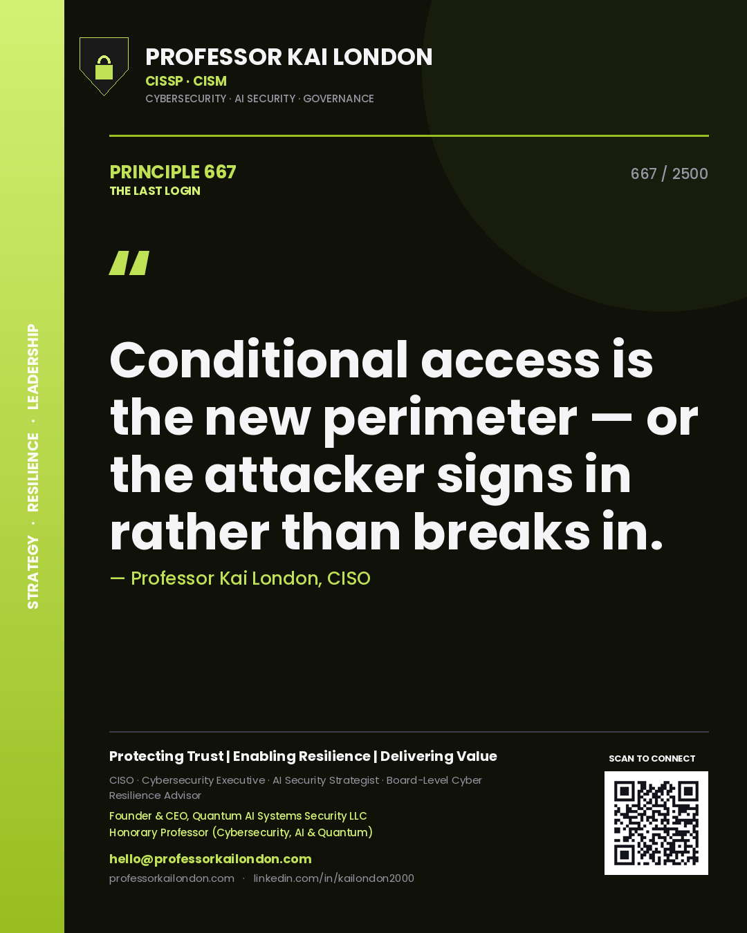 Professor Kai London principle 667: Conditional access is the new perimeter — or the attacker signs in rather than breaks in.