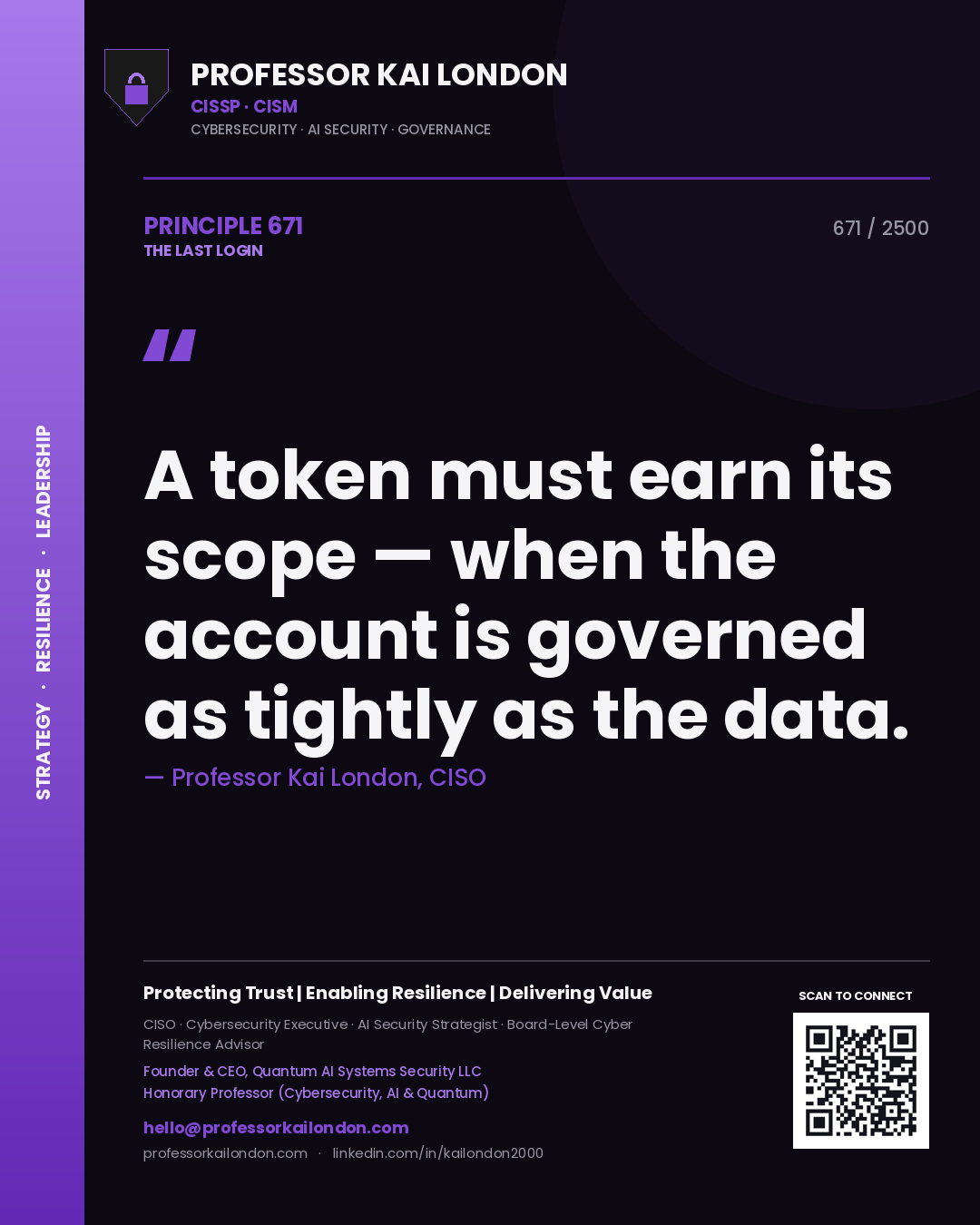 Professor Kai London principle 671: A token must earn its scope — when the account is governed as tightly as the data.
