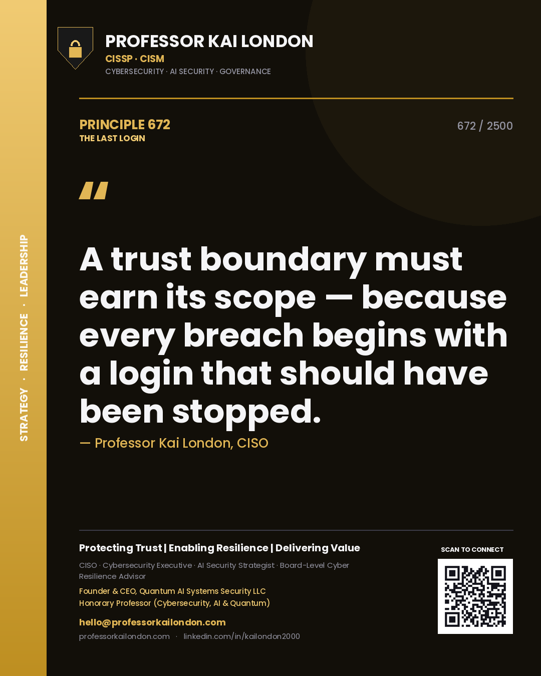 Professor Kai London principle 672: A trust boundary must earn its scope — because every breach begins with a login that should have been stopped.