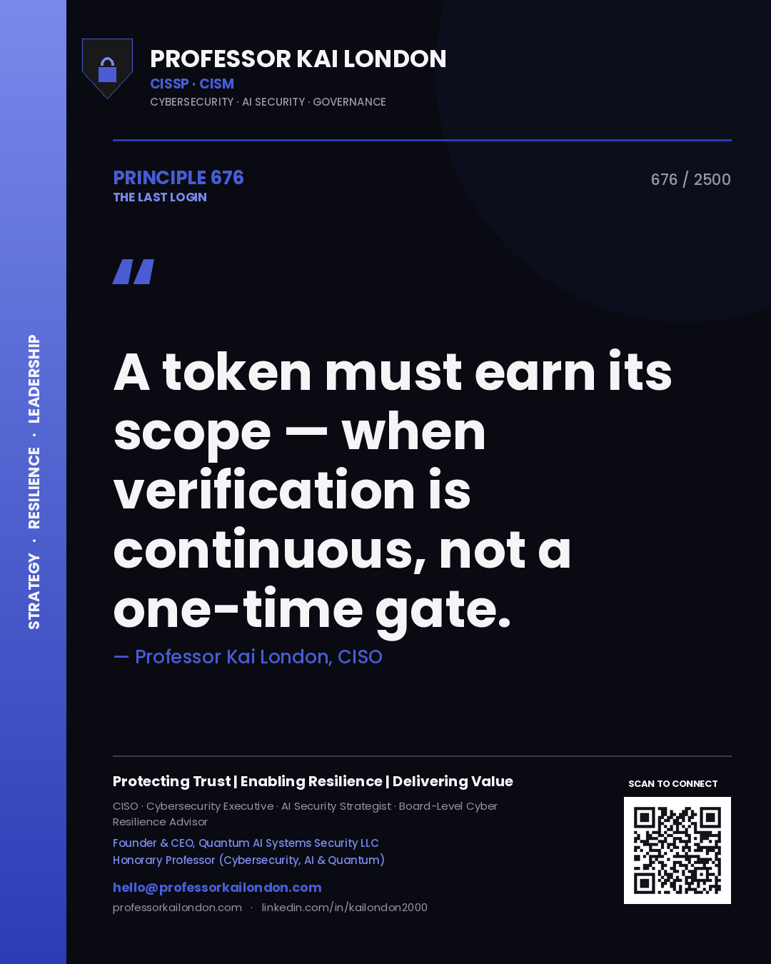 Professor Kai London principle 676: A token must earn its scope — when verification is continuous, not a one-time gate.