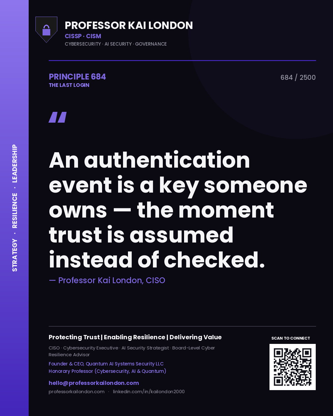 Professor Kai London principle 684: An authentication event is a key someone owns — the moment trust is assumed instead of checked.