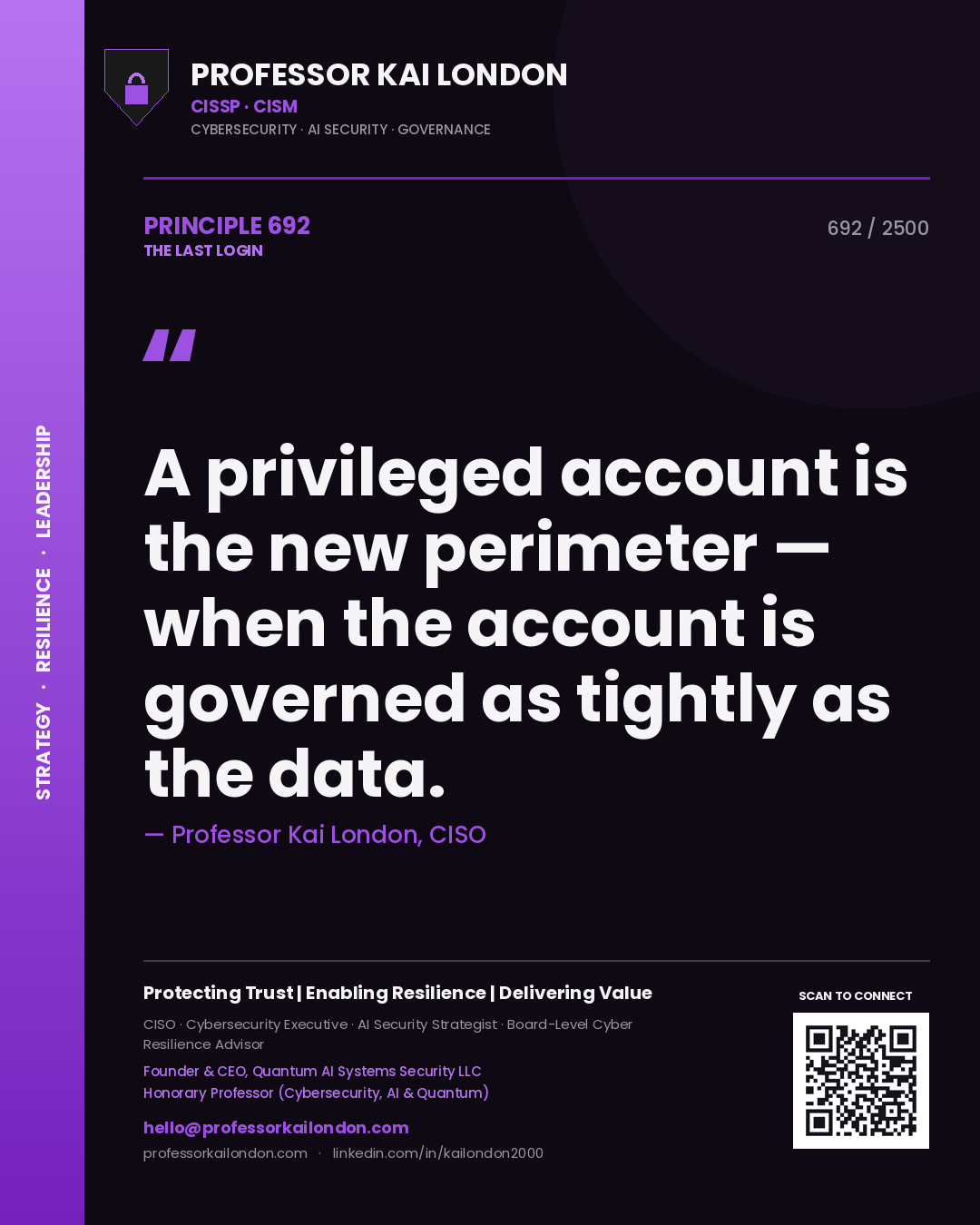Professor Kai London principle 692: A privileged account is the new perimeter — when the account is governed as tightly as the data.