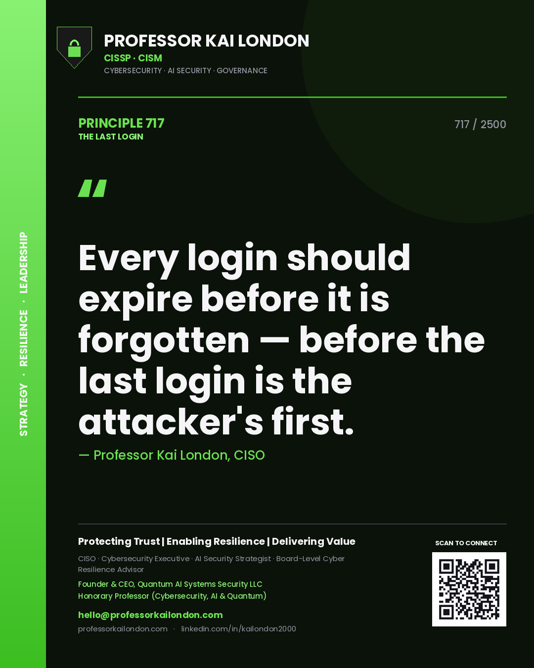 Professor Kai London principle 717: Every login should expire before it is forgotten — before the last login is the attacker's first.