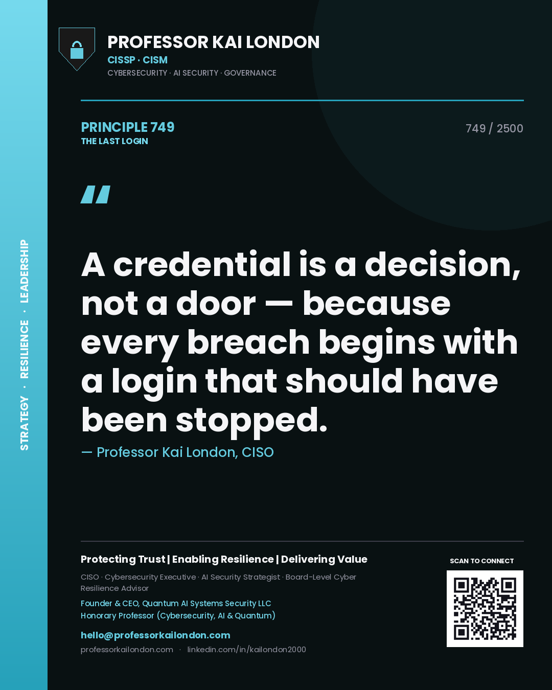 Professor Kai London principle 749: A credential is a decision, not a door — because every breach begins with a login that should have been stopped.