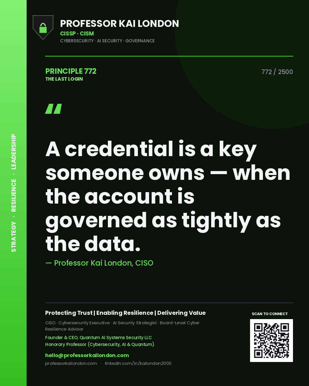Professor Kai London principle 772: A credential is a key someone owns — when the account is governed as tightly as the data.