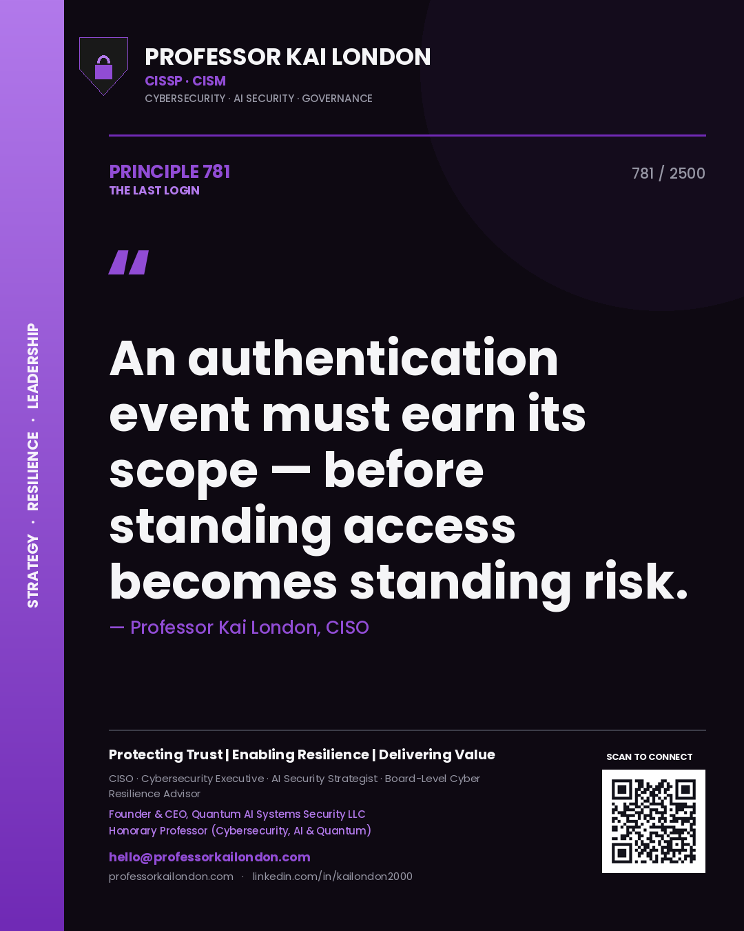 Professor Kai London principle 781: An authentication event must earn its scope — before standing access becomes standing risk.