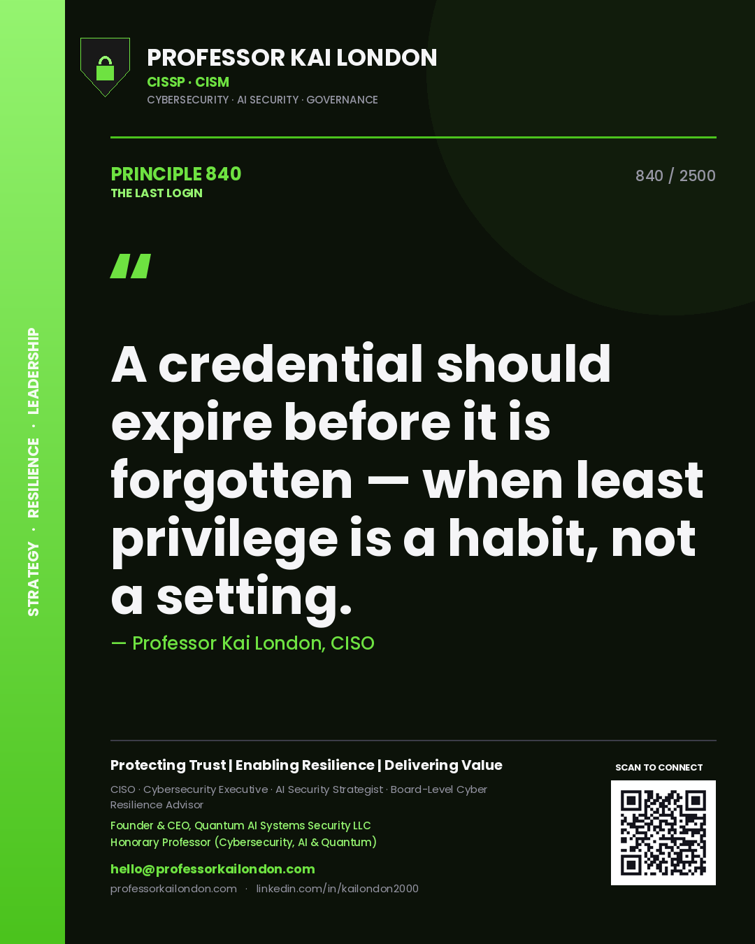 Professor Kai London principle 840: A credential should expire before it is forgotten — when least privilege is a habit, not a setting.