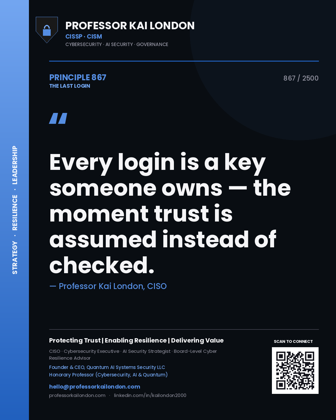Professor Kai London principle 867: Every login is a key someone owns — the moment trust is assumed instead of checked.