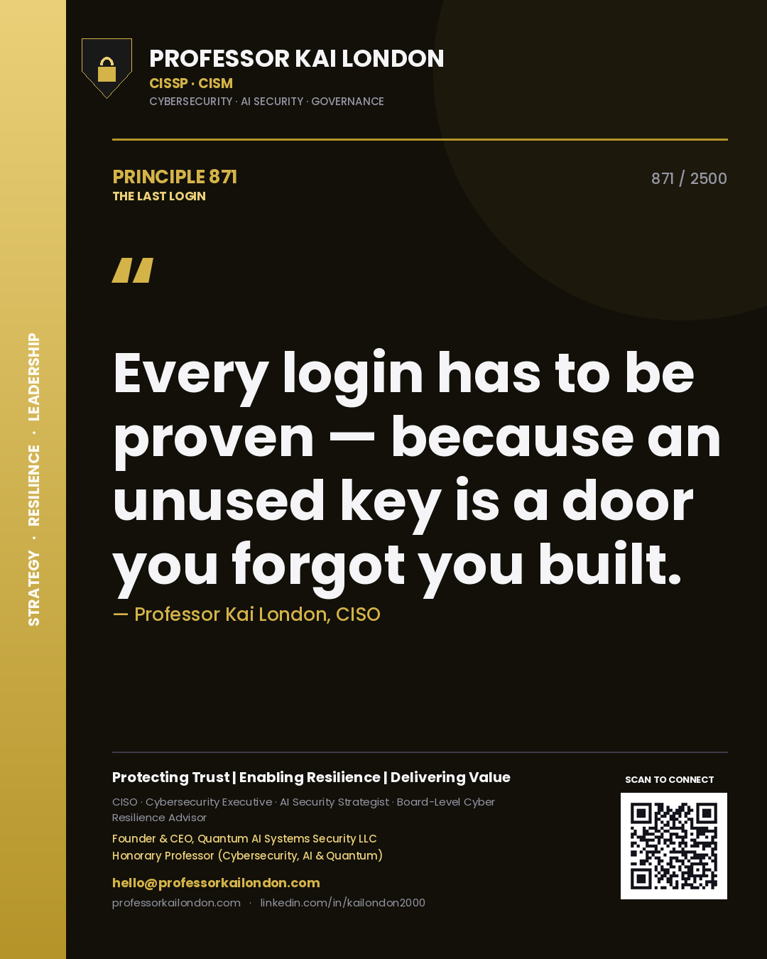Professor Kai London principle 871: Every login has to be proven — because an unused key is a door you forgot you built.