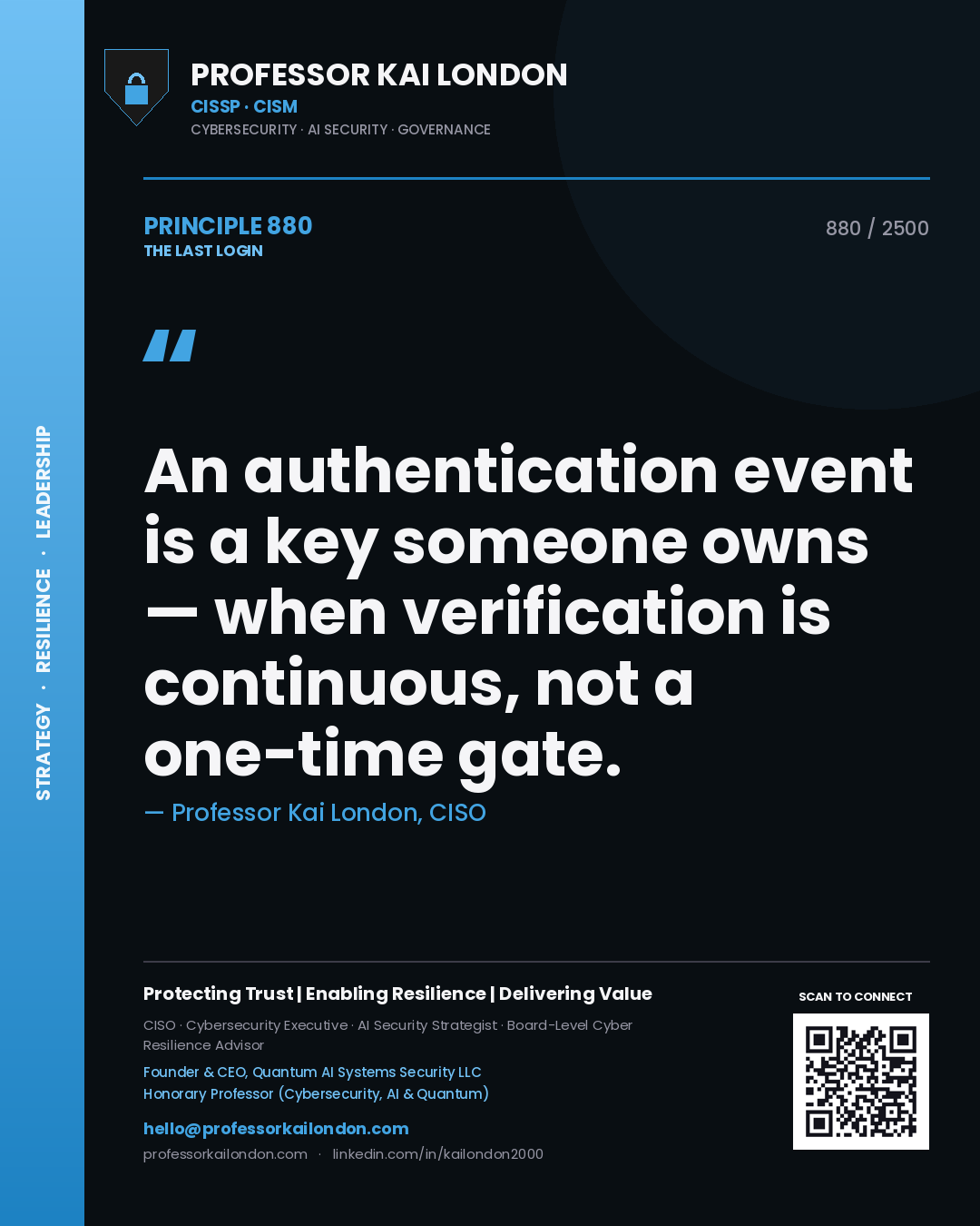 Professor Kai London principle 880: An authentication event is a key someone owns — when verification is continuous, not a one-time gate.