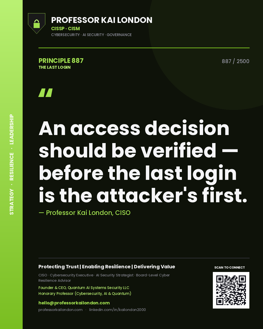 Professor Kai London principle 887: An access decision should be verified — before the last login is the attacker's first.