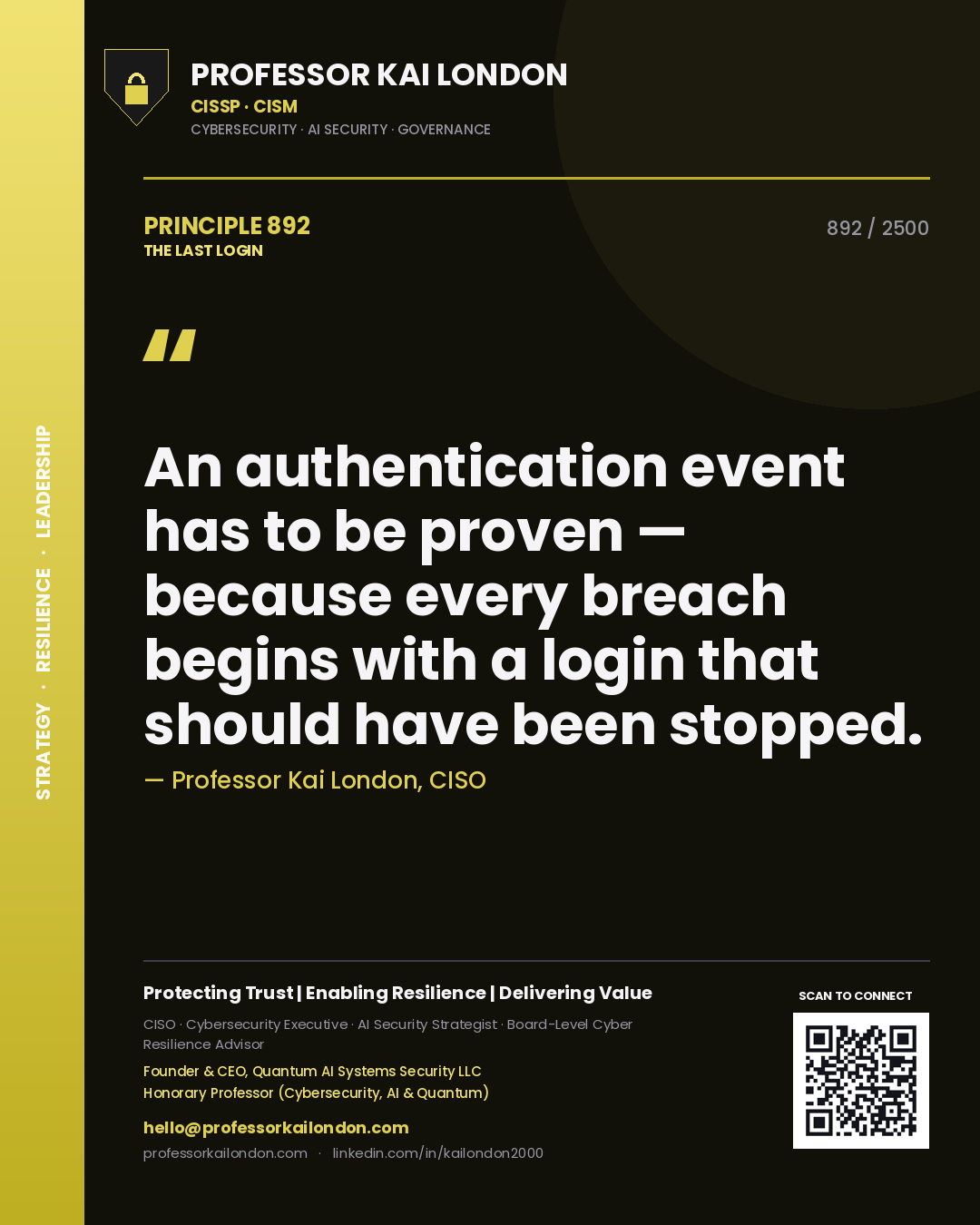Professor Kai London principle 892: An authentication event has to be proven — because every breach begins with a login that should have been stopped.