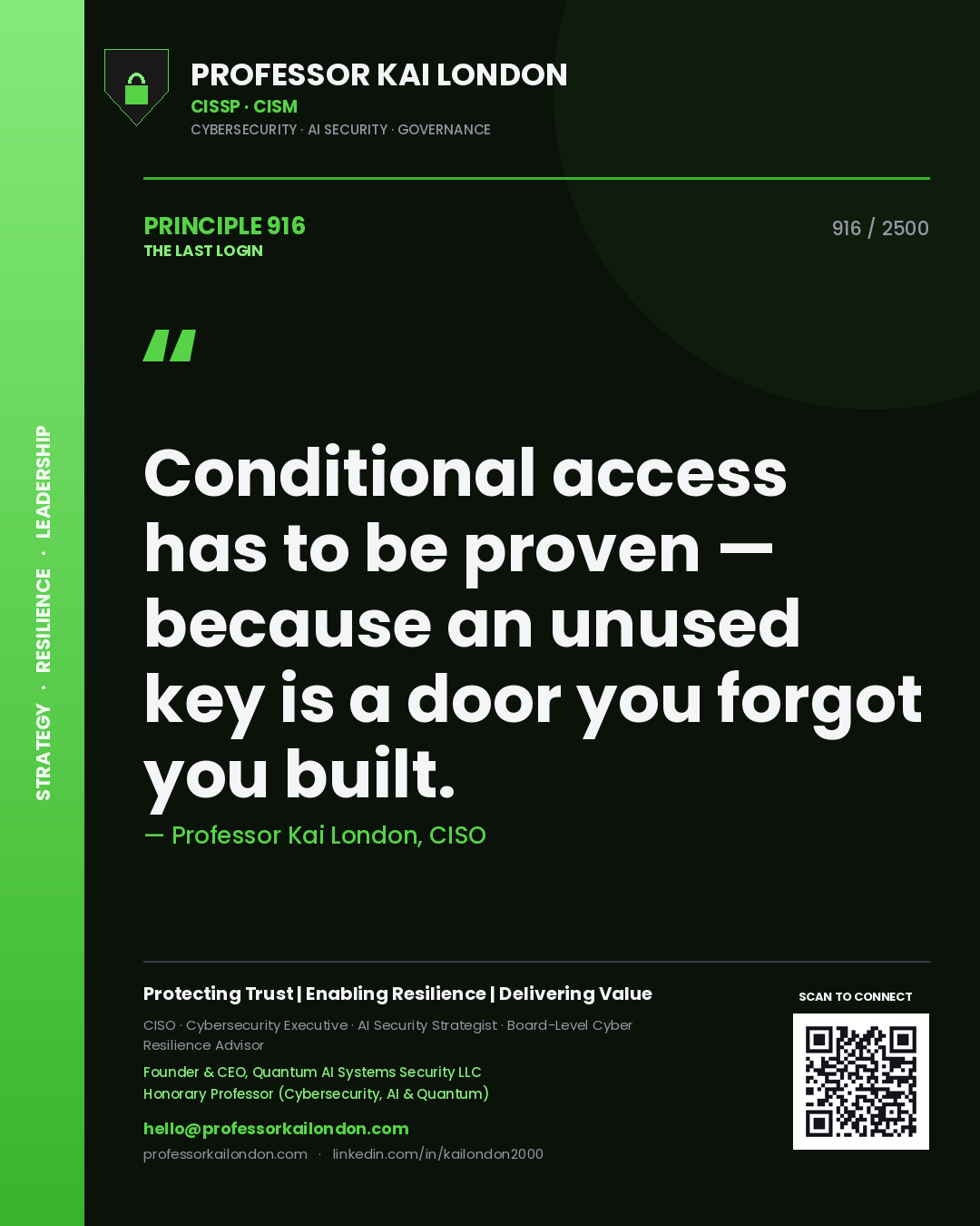 Professor Kai London principle 916: Conditional access has to be proven — because an unused key is a door you forgot you built.