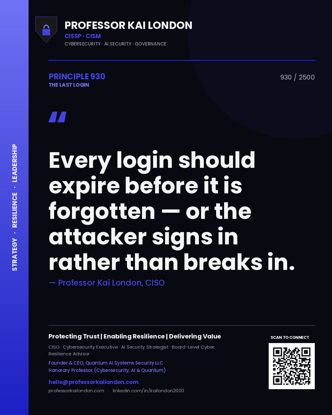 Professor Kai London principle 930: Every login should expire before it is forgotten — or the attacker signs in rather than breaks in.