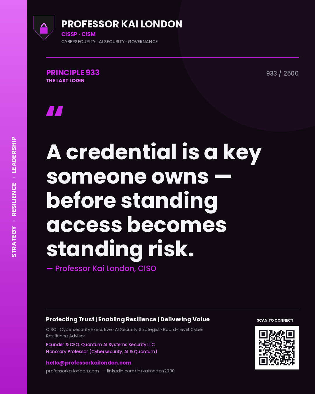 Professor Kai London principle 933: A credential is a key someone owns — before standing access becomes standing risk.