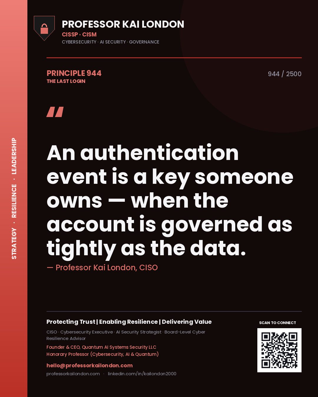 Professor Kai London principle 944: An authentication event is a key someone owns — when the account is governed as tightly as the data.
