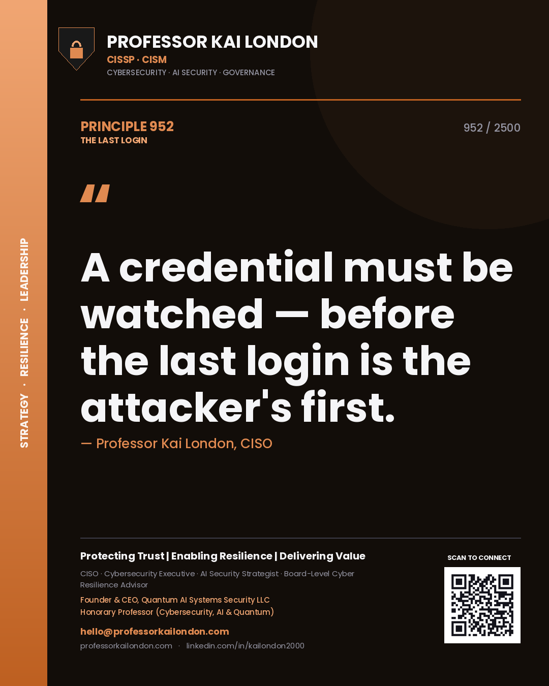 Professor Kai London principle 952: A credential must be watched — before the last login is the attacker's first.