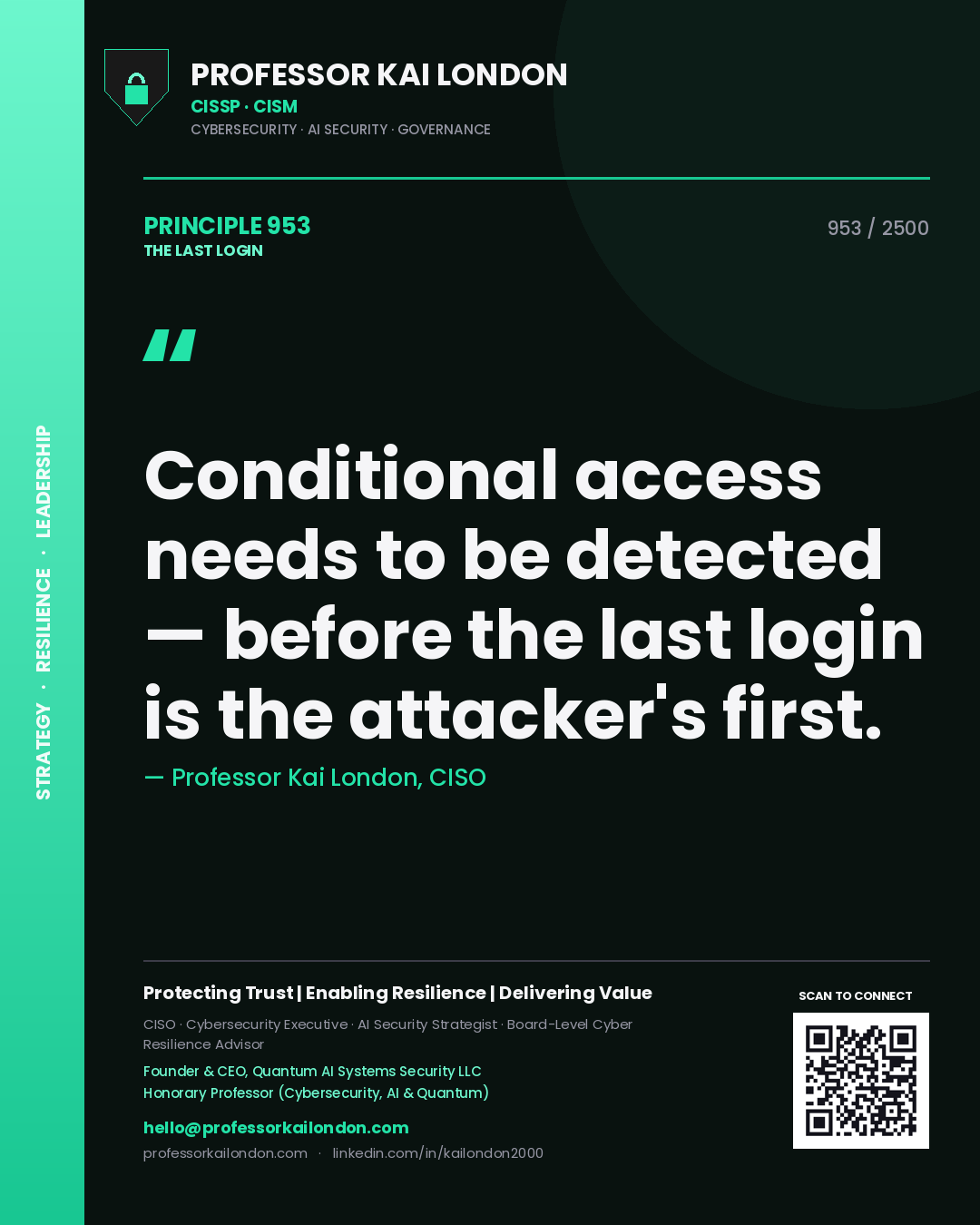 Professor Kai London principle 953: Conditional access needs to be detected — before the last login is the attacker's first.