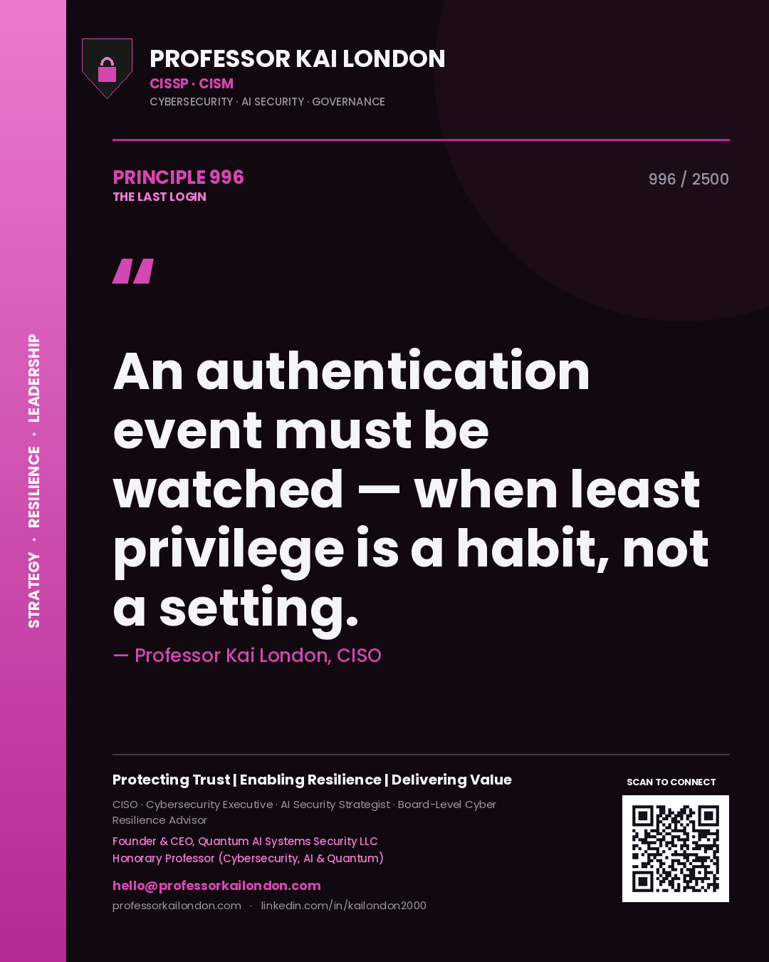 Professor Kai London principle 996: An authentication event must be watched — when least privilege is a habit, not a setting.