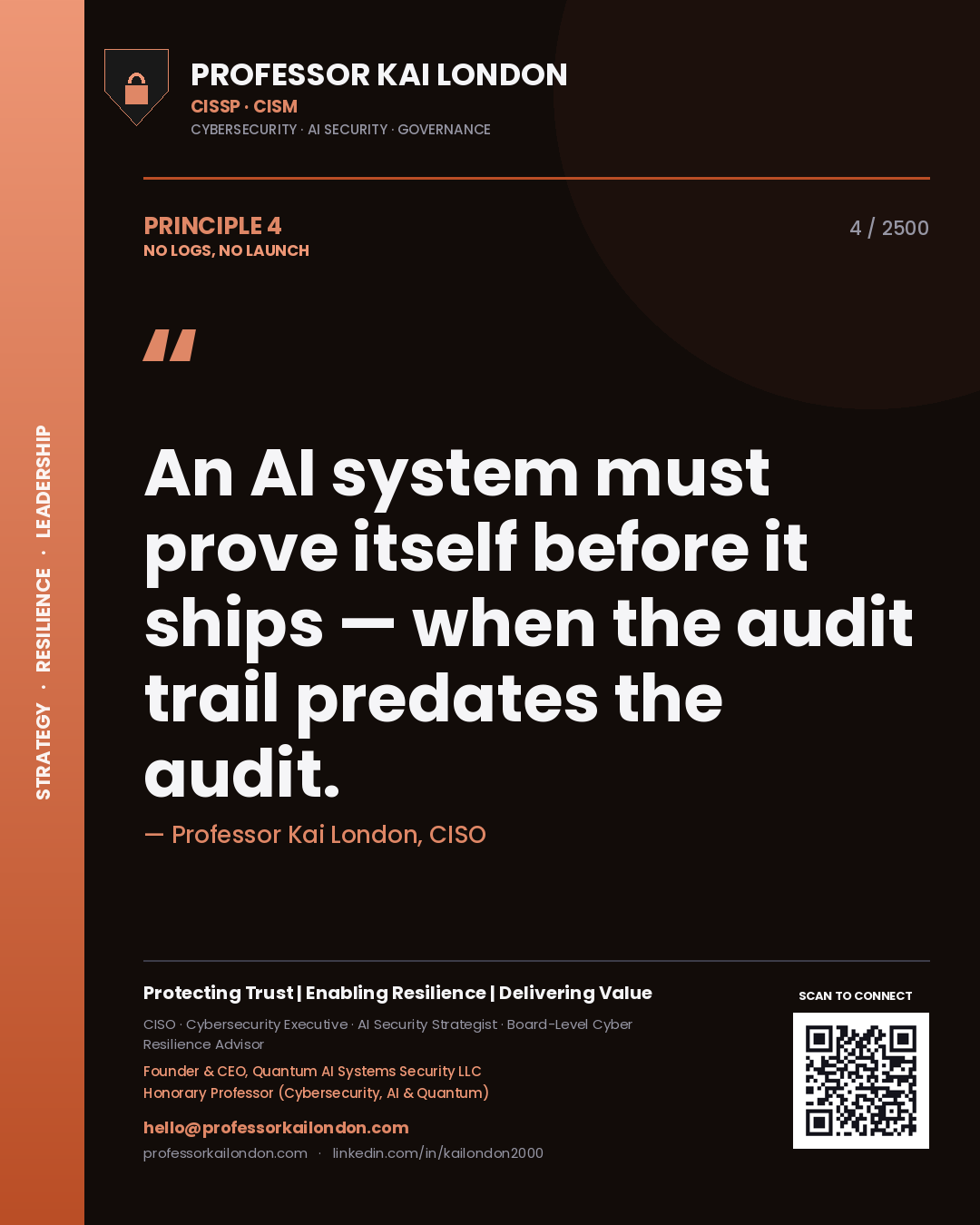 Professor Kai London principle 4: An AI system must prove itself before it ships — when the audit trail predates the audit.