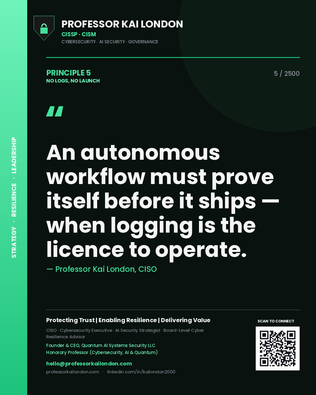 Professor Kai London principle 5: An autonomous workflow must prove itself before it ships — when logging is the licence to operate.