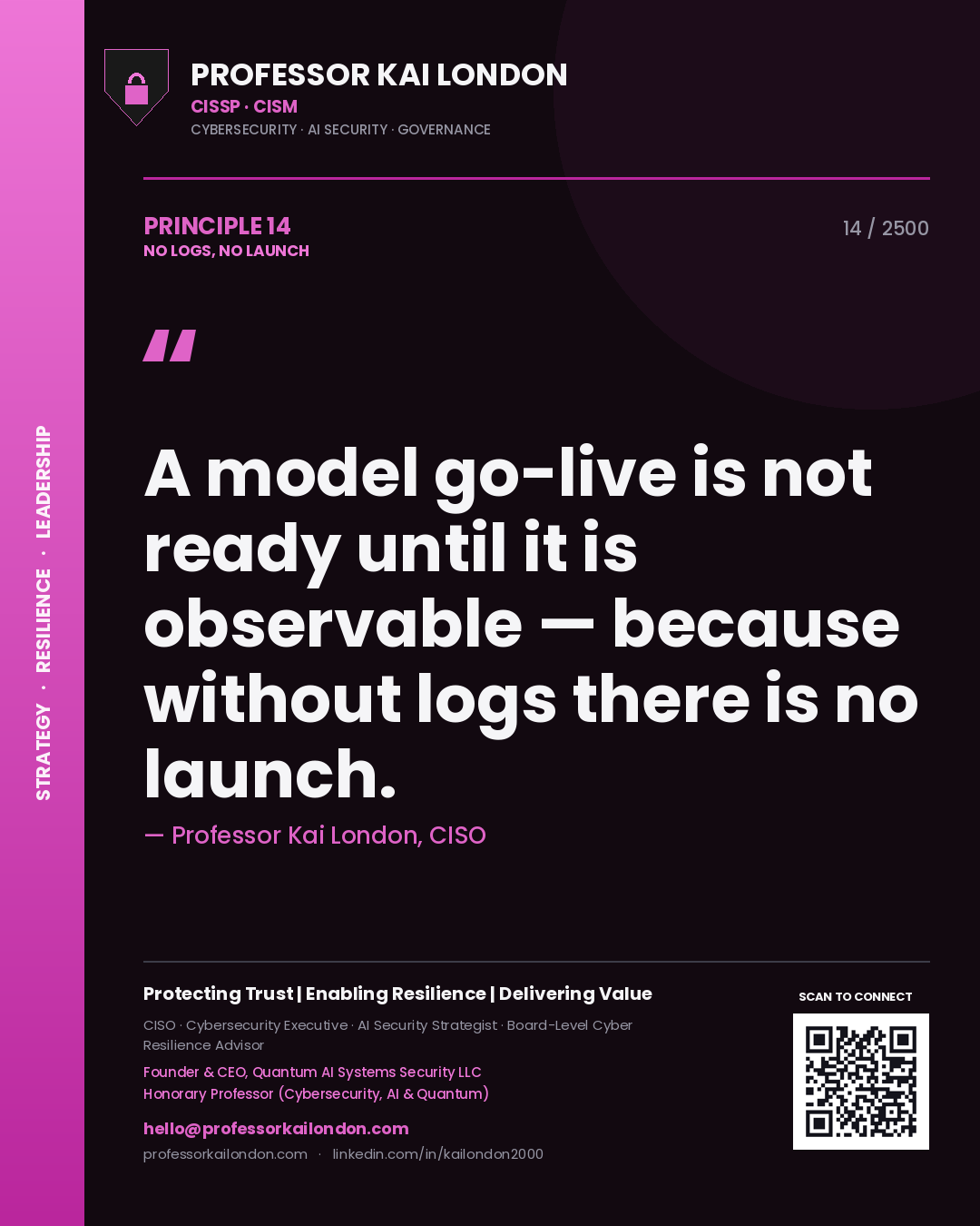 Professor Kai London principle 14: A model go-live is not ready until it is observable — because without logs there is no launch.