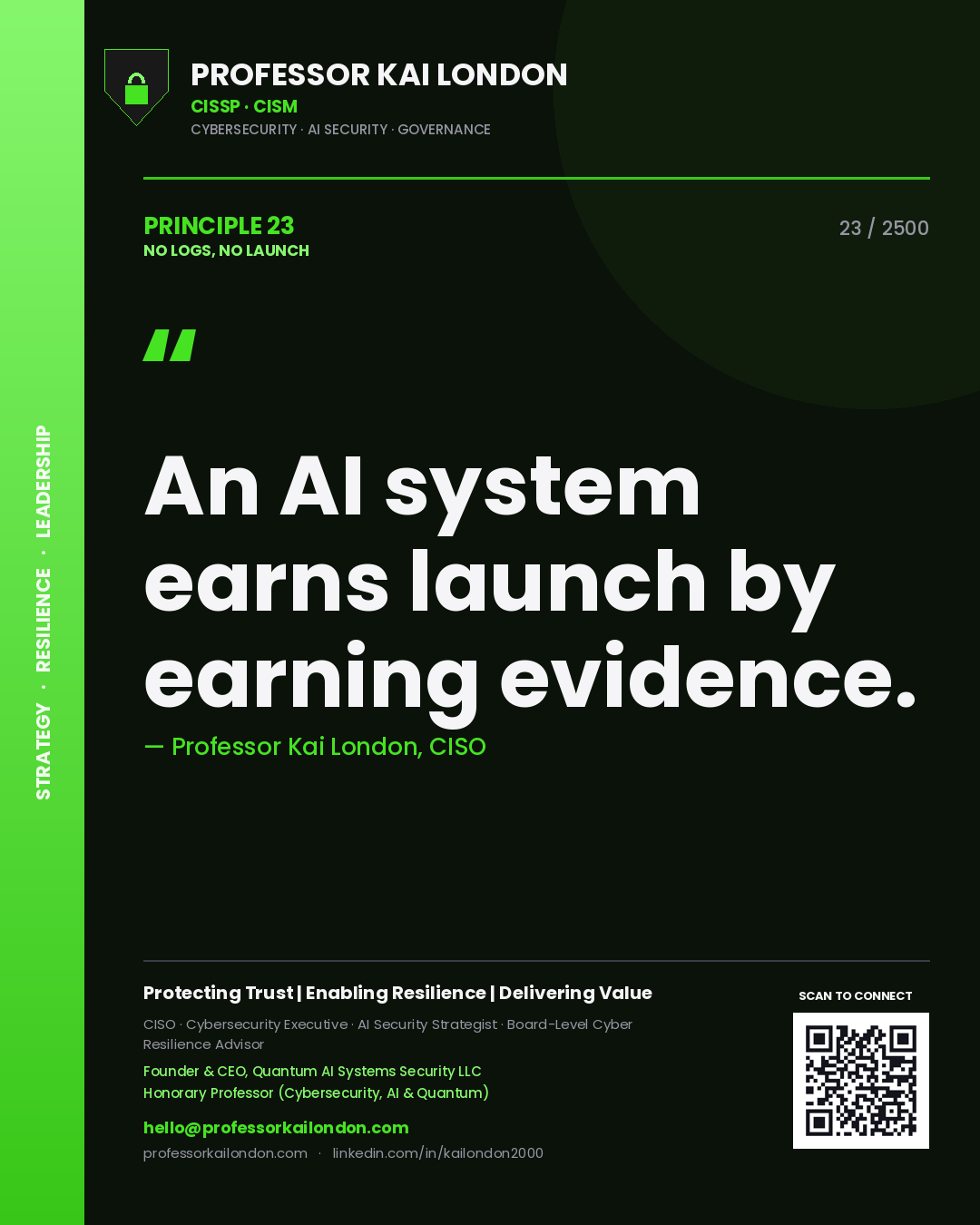 Professor Kai London principle 23: An AI system earns launch by earning evidence.