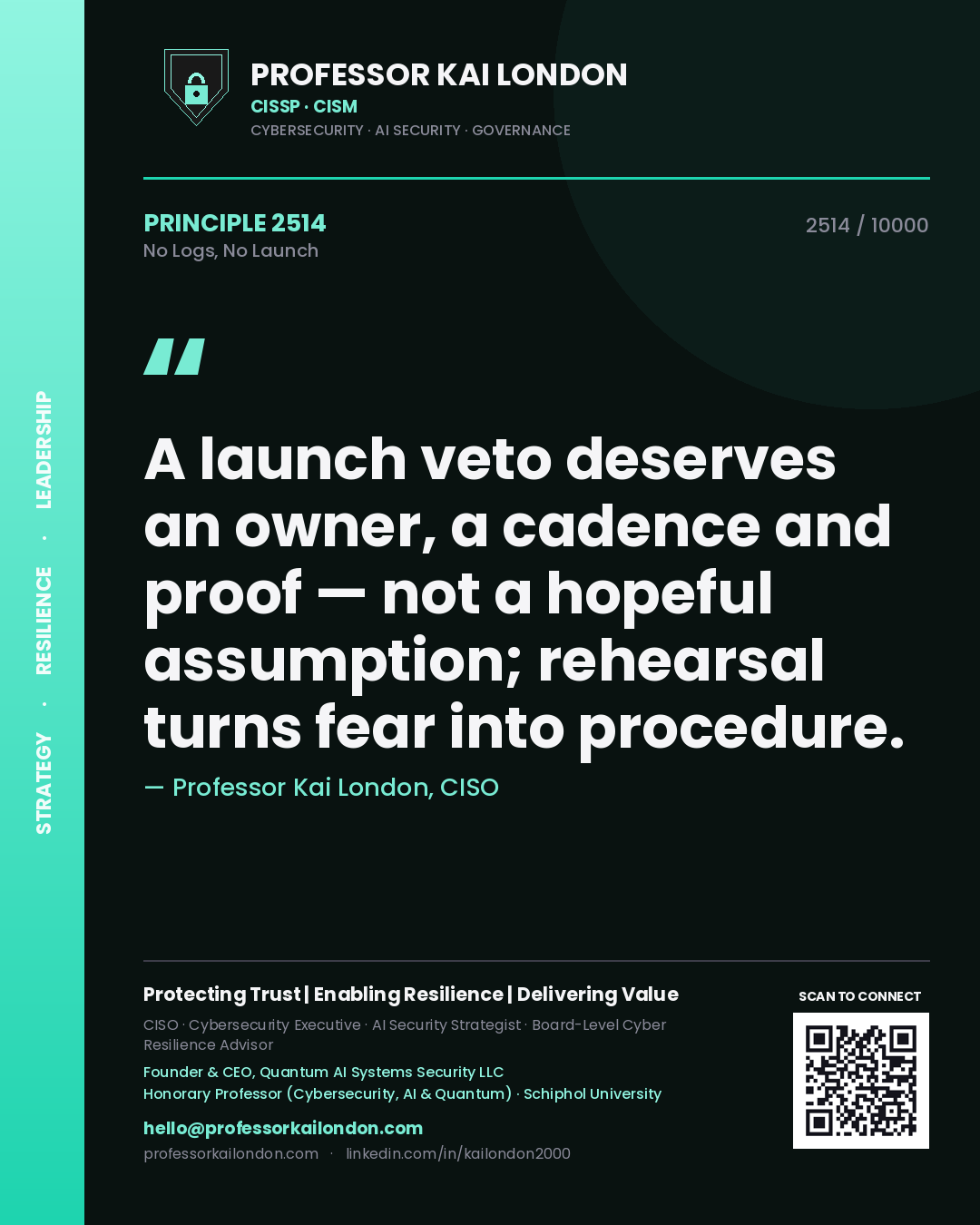 Professor Kai London principle 2514: A launch veto deserves an owner, a cadence and proof — not a hopeful assumption; rehearsal turns fear into procedure.