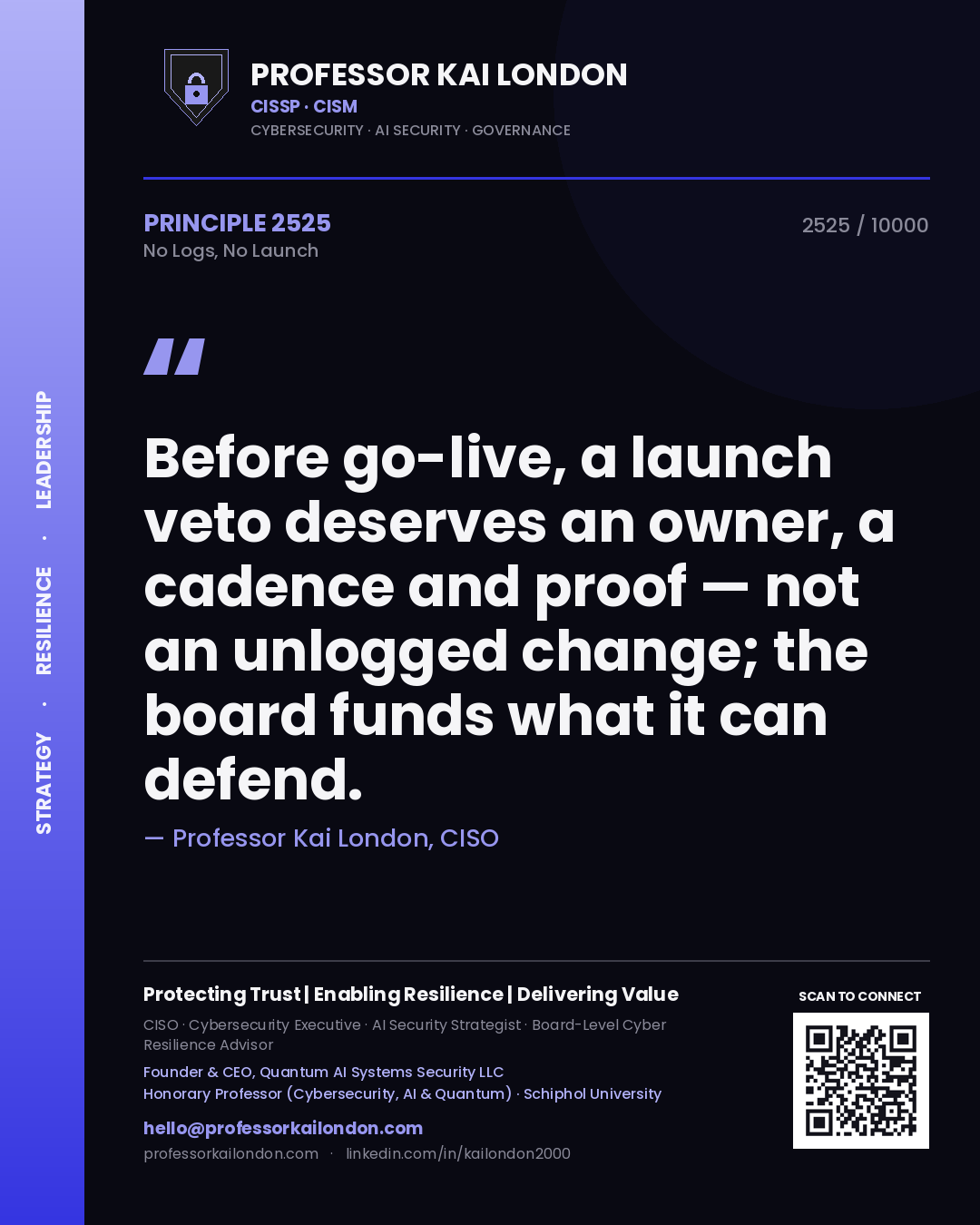Professor Kai London principle 2525: Before go-live, a launch veto deserves an owner, a cadence and proof — not an unlogged change; the board funds what it can defend.