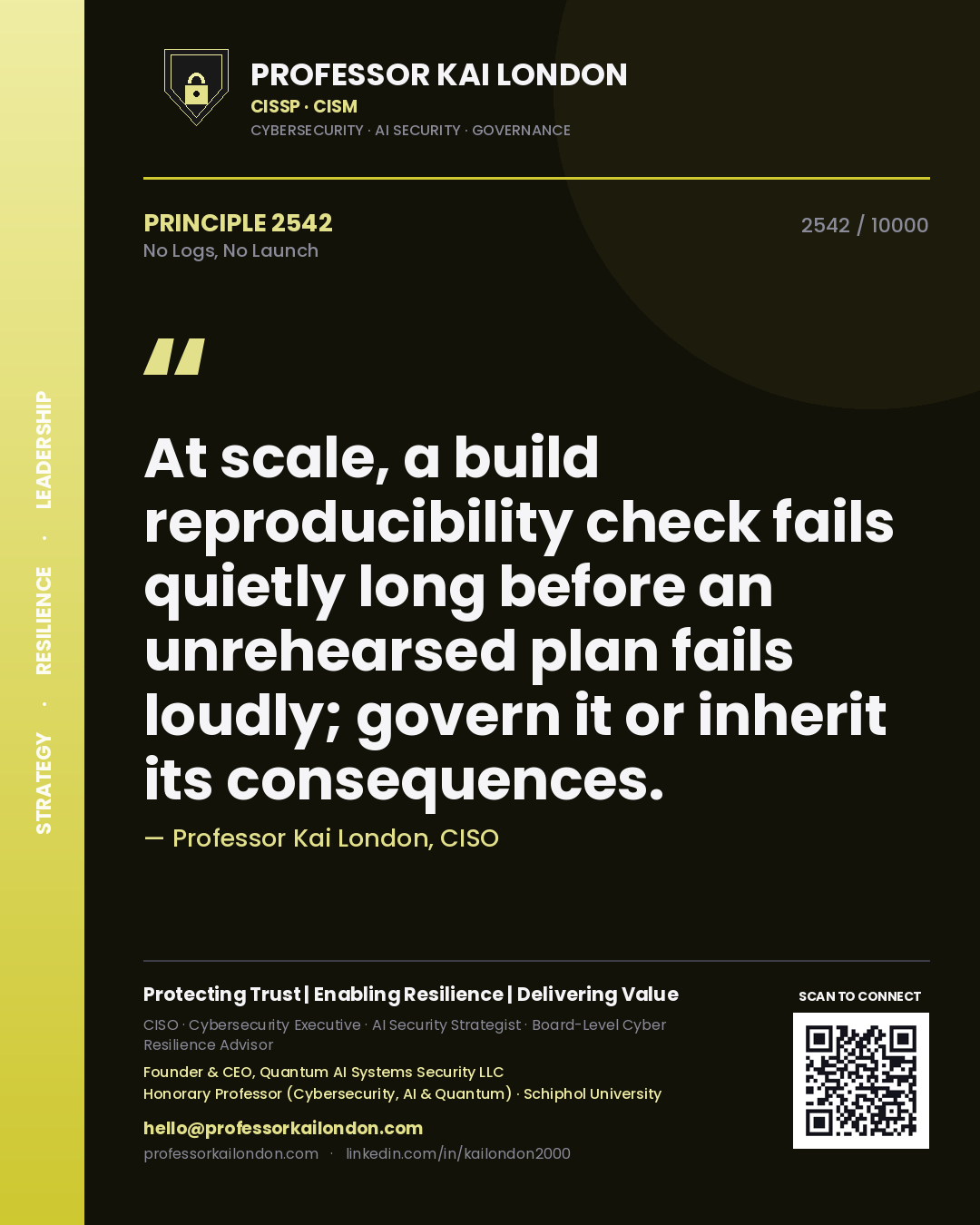 Professor Kai London principle 2542: At scale, a build reproducibility check fails quietly long before an unrehearsed plan fails loudly; govern it or inherit its consequences.