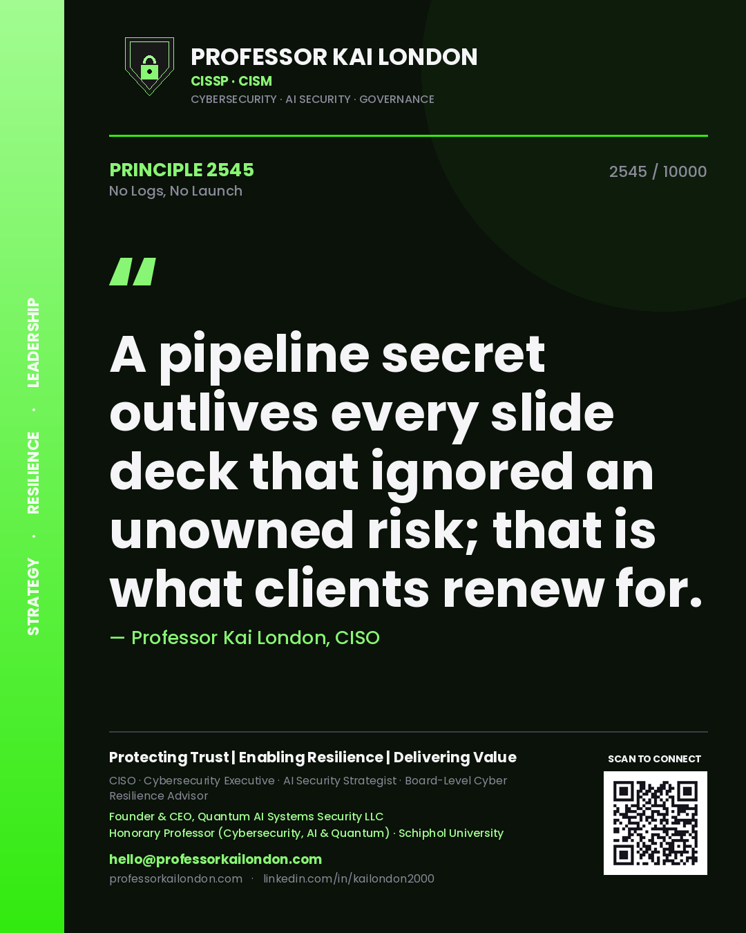 Professor Kai London principle 2545: A pipeline secret outlives every slide deck that ignored an unowned risk; that is what clients renew for.