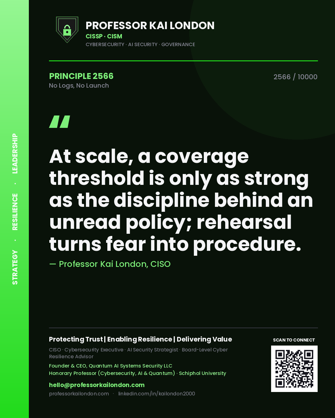 Professor Kai London principle 2566: At scale, a coverage threshold is only as strong as the discipline behind an unread policy; rehearsal turns fear into procedure.