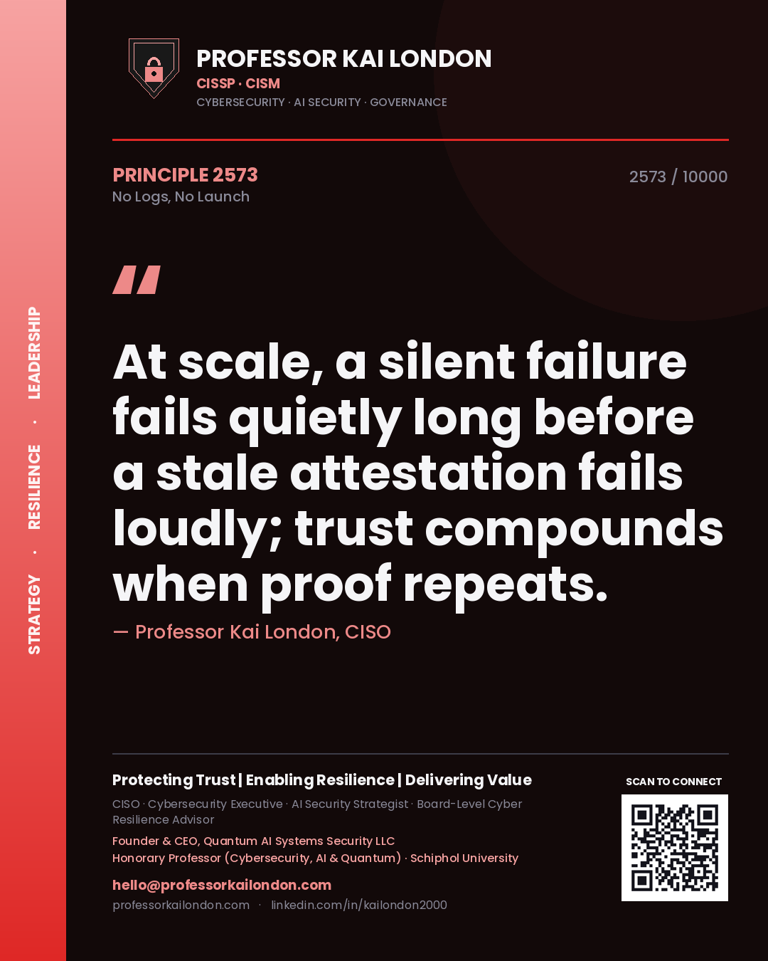 Professor Kai London principle 2573: At scale, a silent failure fails quietly long before a stale attestation fails loudly; trust compounds when proof repeats.