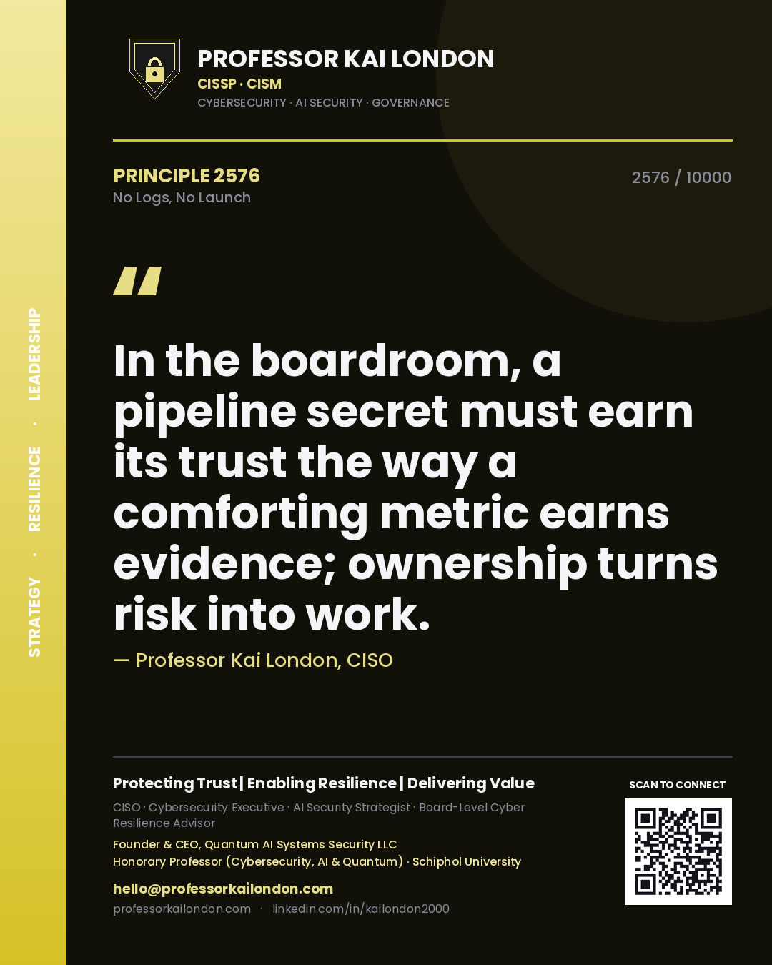 Professor Kai London principle 2576: In the boardroom, a pipeline secret must earn its trust the way a comforting metric earns evidence; ownership turns risk into work.