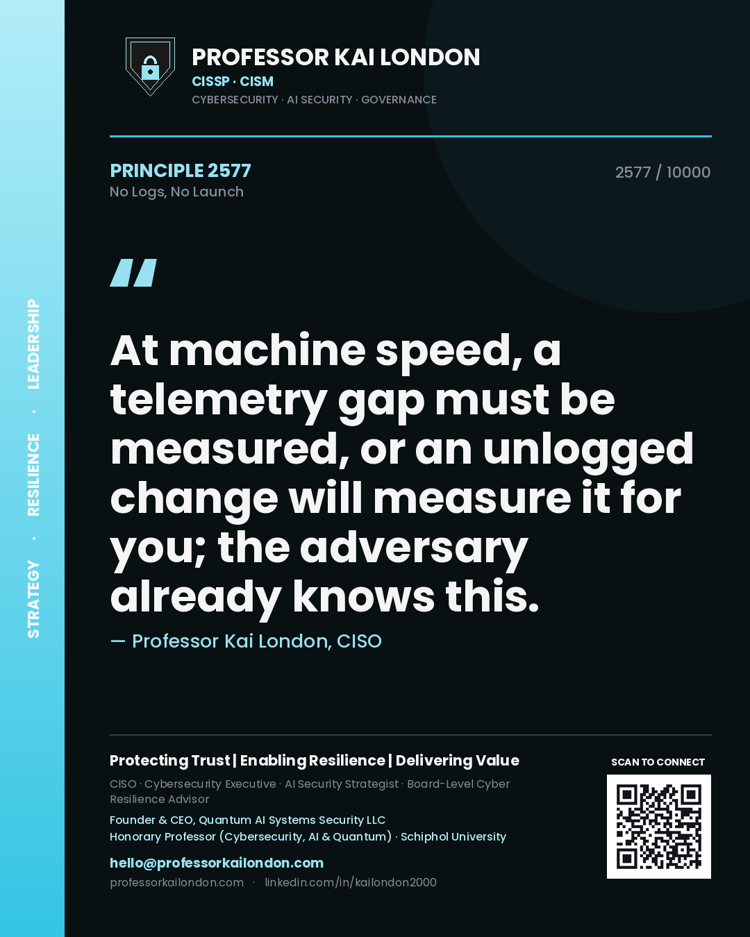 Professor Kai London principle 2577: At machine speed, a telemetry gap must be measured, or an unlogged change will measure it for you; the adversary already knows this.