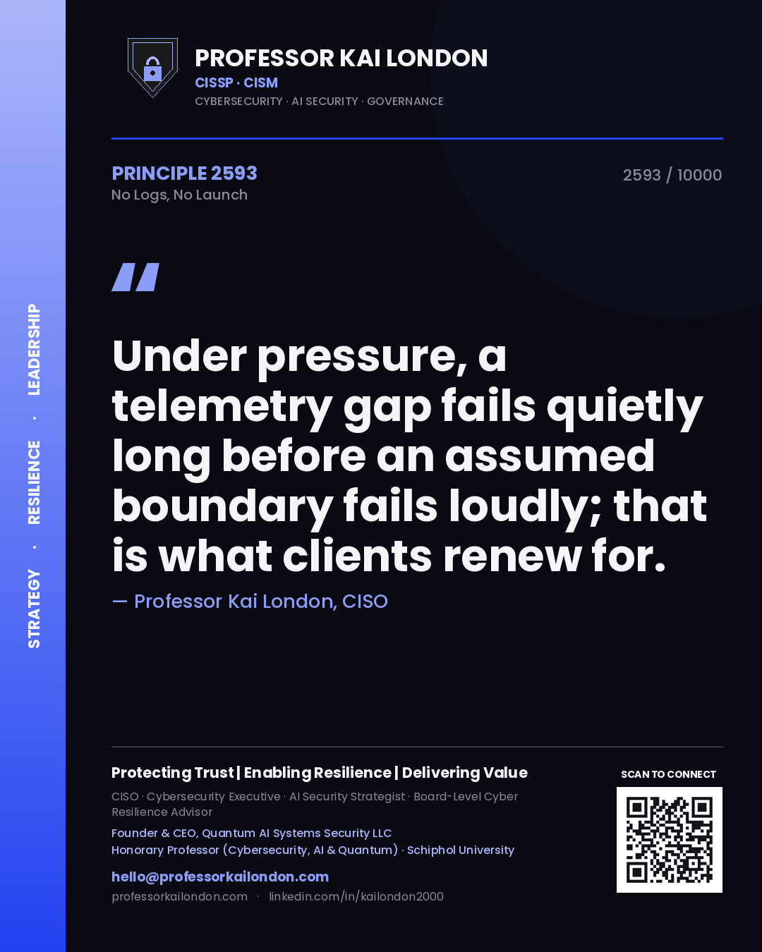 Professor Kai London principle 2593: Under pressure, a telemetry gap fails quietly long before an assumed boundary fails loudly; that is what clients renew for.