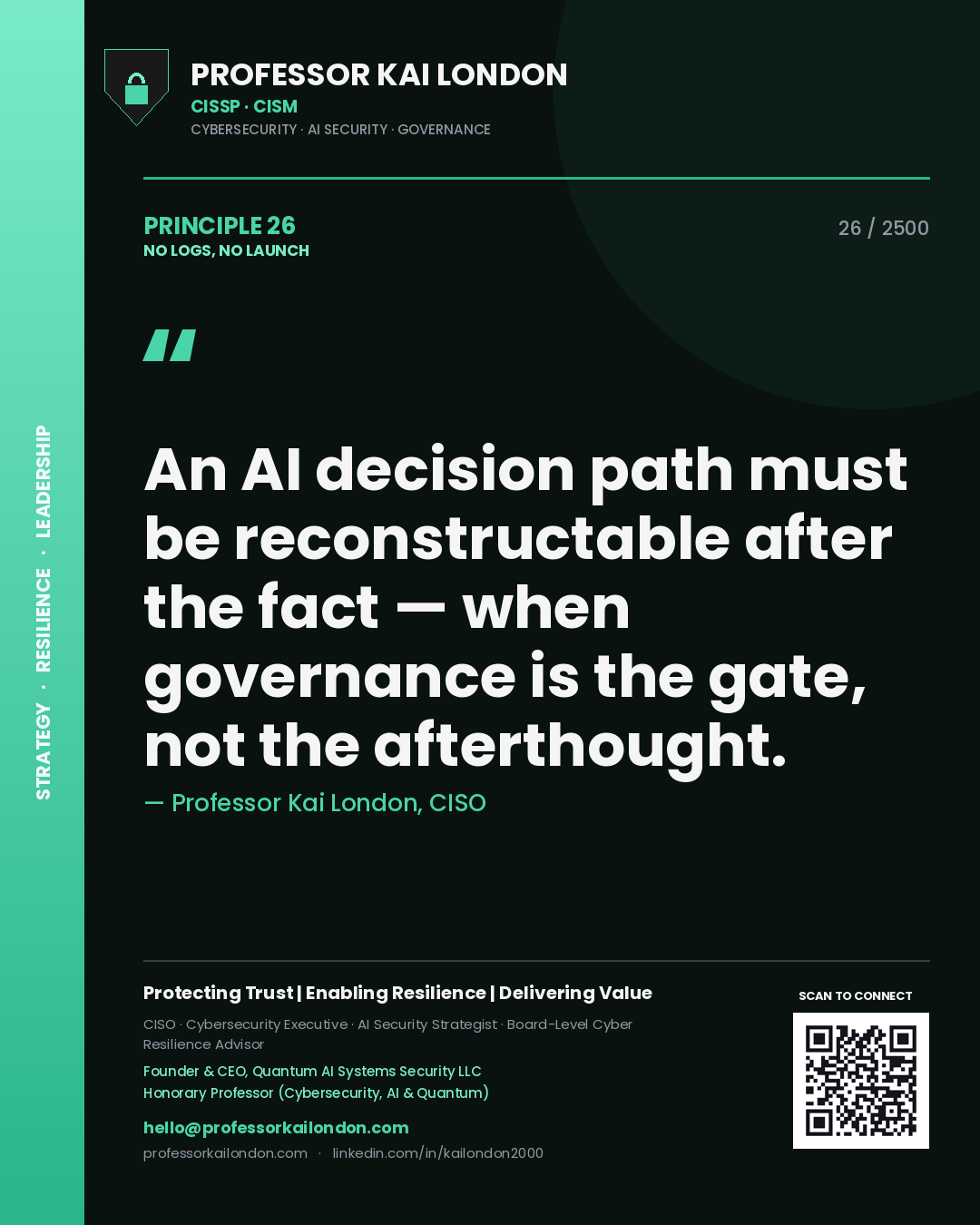 Professor Kai London principle 26: An AI decision path must be reconstructable after the fact — when governance is the gate, not the afterthought.