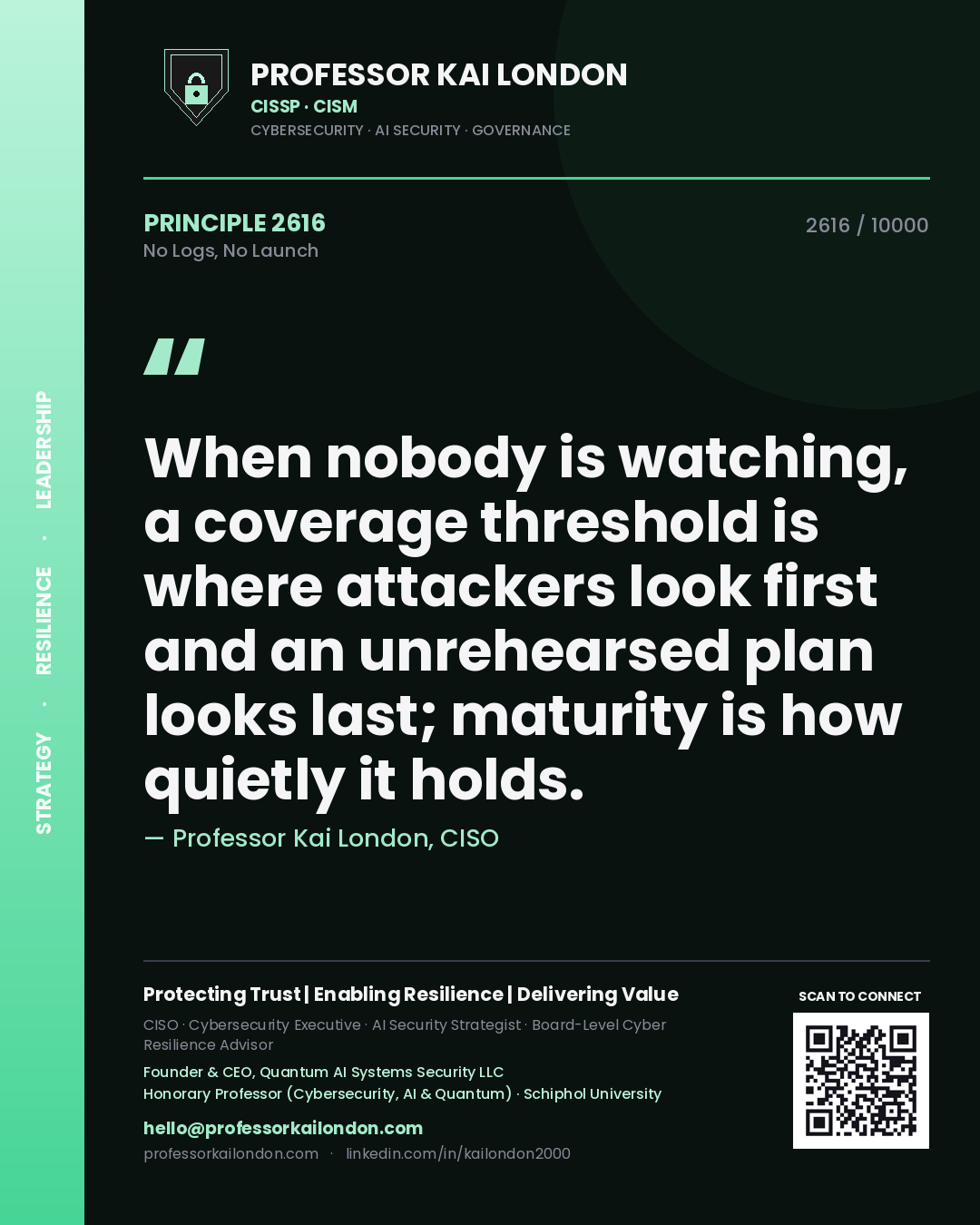 Professor Kai London principle 2616: When nobody is watching, a coverage threshold is where attackers look first and an unrehearsed plan looks last; maturity is how quietly it holds.