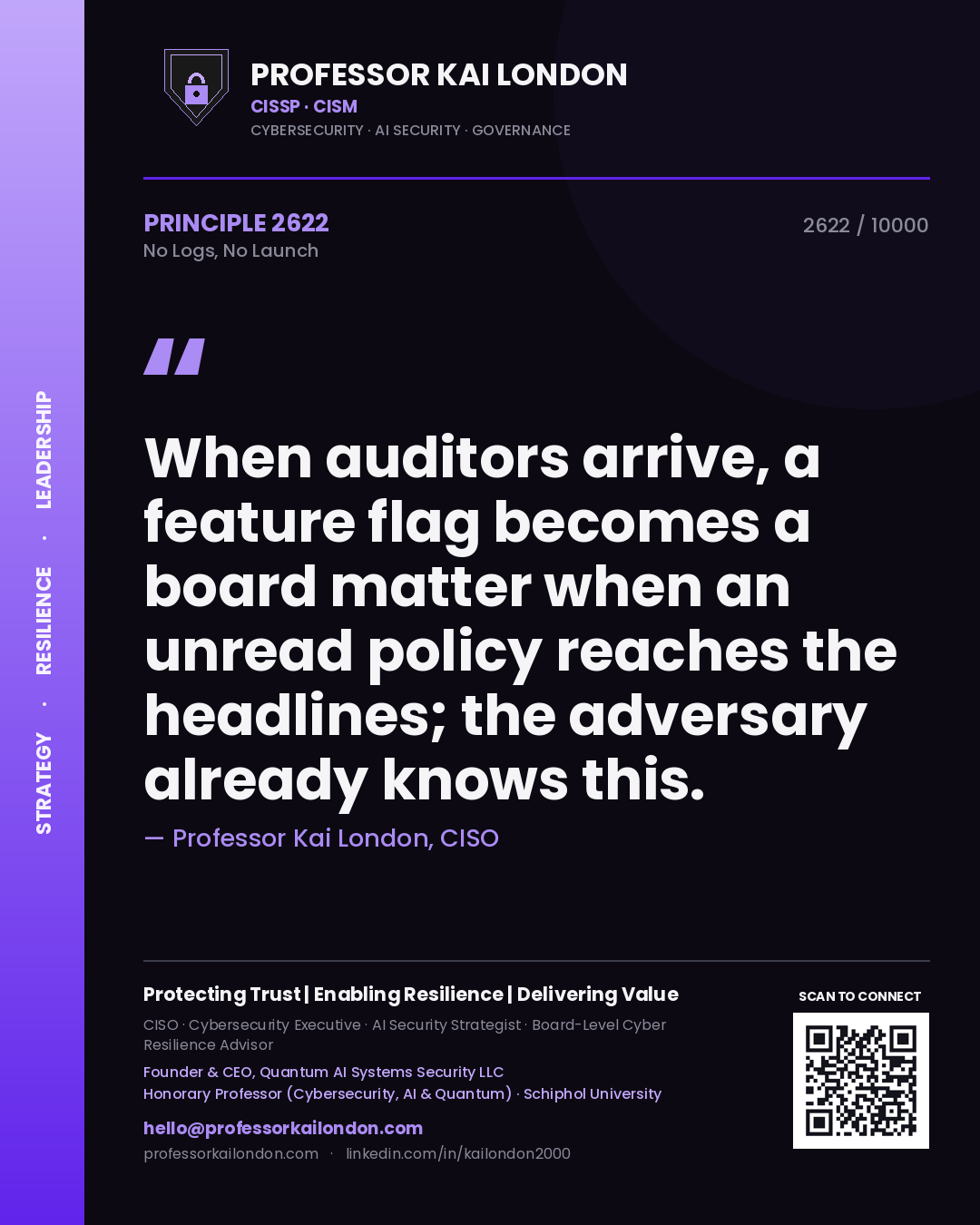 Professor Kai London principle 2622: When auditors arrive, a feature flag becomes a board matter when an unread policy reaches the headlines; the adversary already knows this.