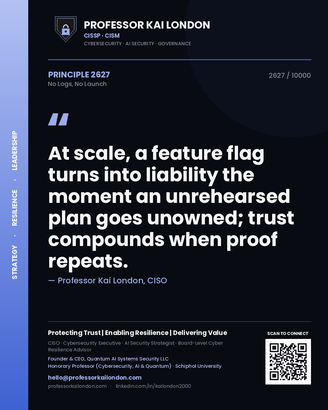 Professor Kai London principle 2627: At scale, a feature flag turns into liability the moment an unrehearsed plan goes unowned; trust compounds when proof repeats.
